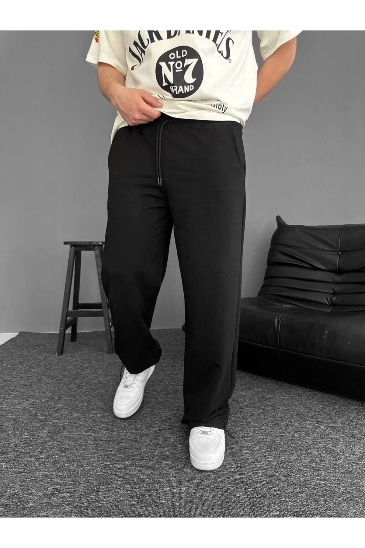 AE Stil İki İplik Kumaş Beli Lastikli Boru Paça Baggy Alt Esofman - Siyah