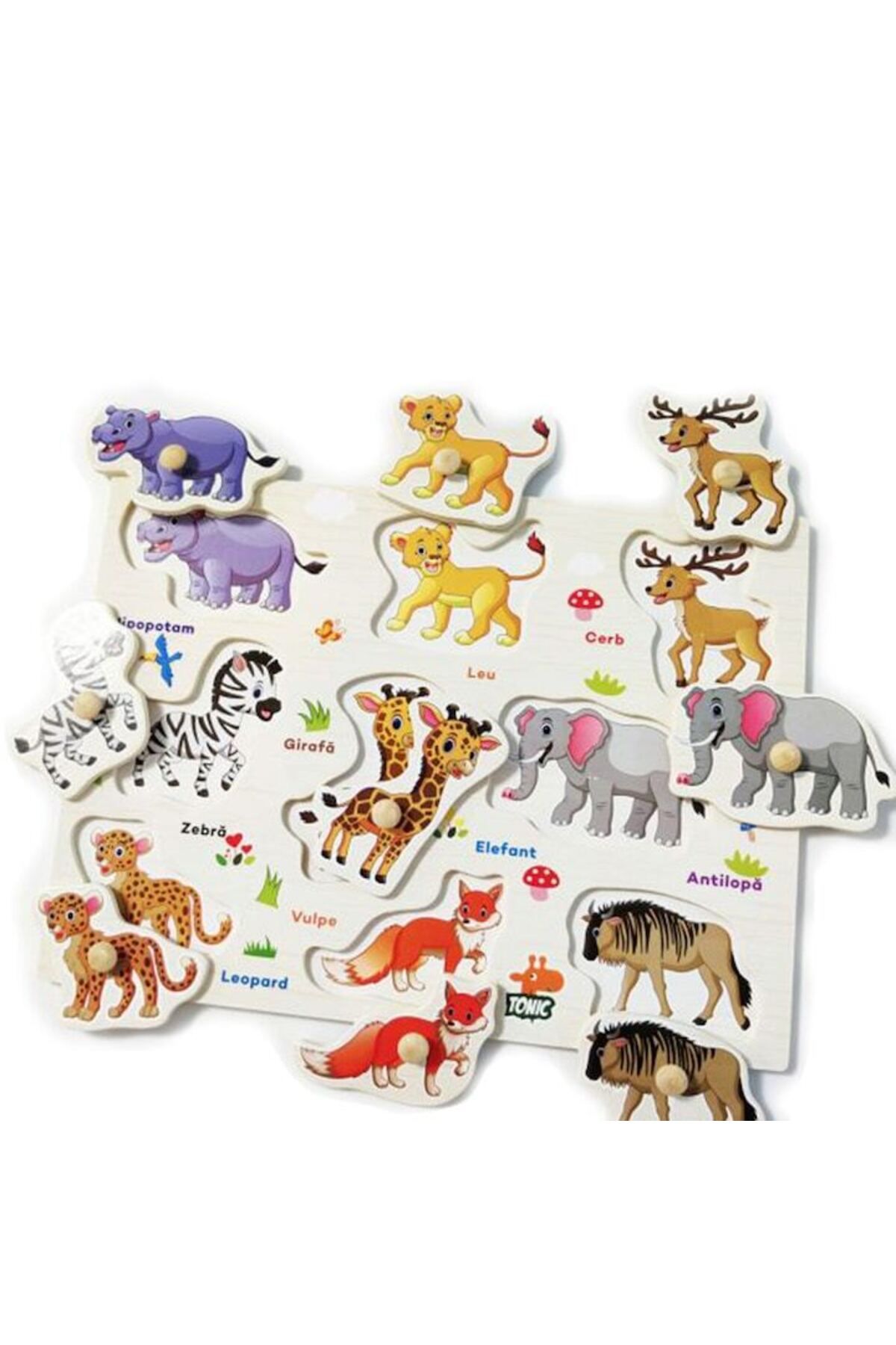 Picodino-Puzzle lemn, tablita incastru in limba romana, animale salbatice, 9 piese, eduBebe, M1-113AS 2