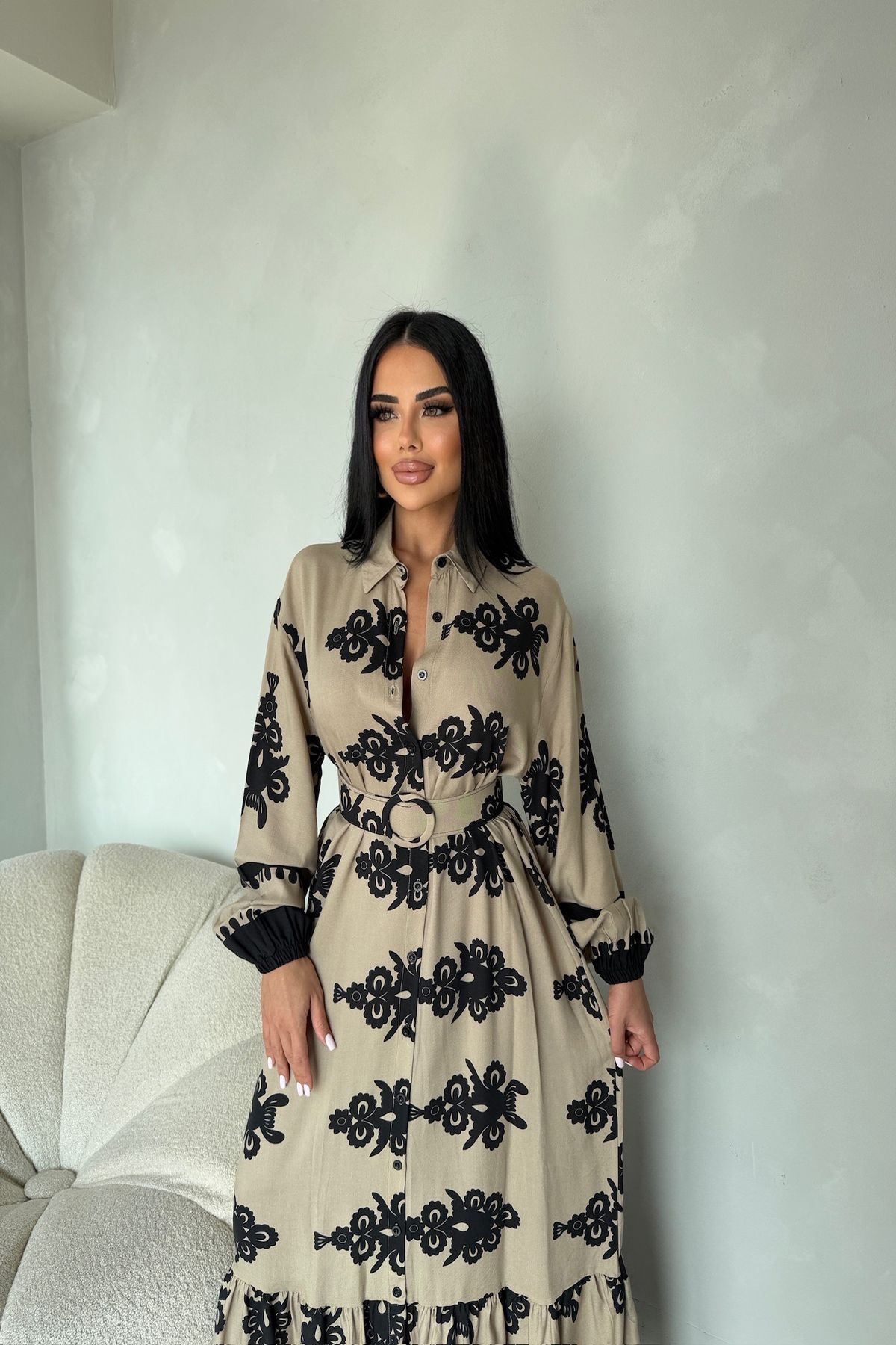 kamacibutik Gömlek Yaka Kemerli Etnik Desenli Elbise