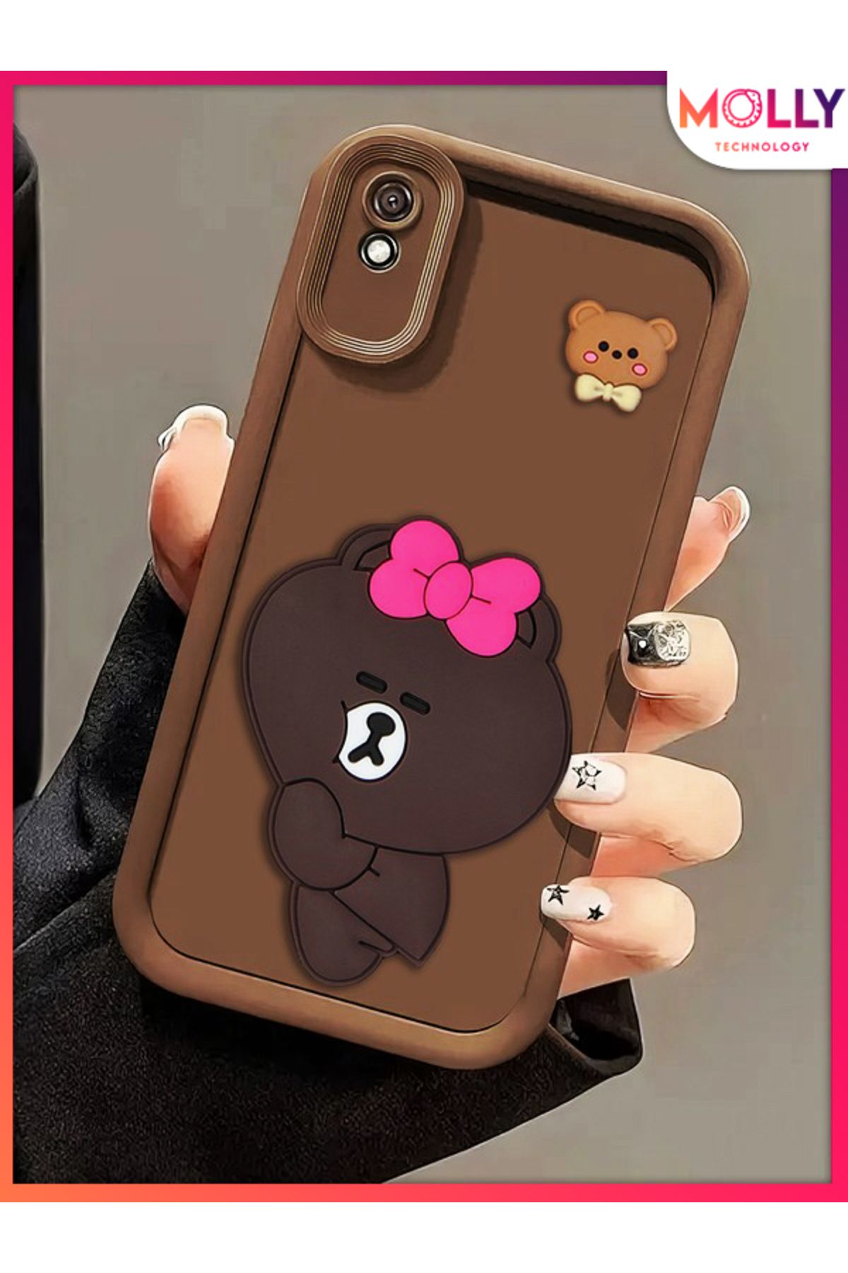 Molly Xiaomi Redmi 9A İçin Fallow Brown Kenarları Kalın 3d Kabartmalı Alice Bear Silikon Kılıf