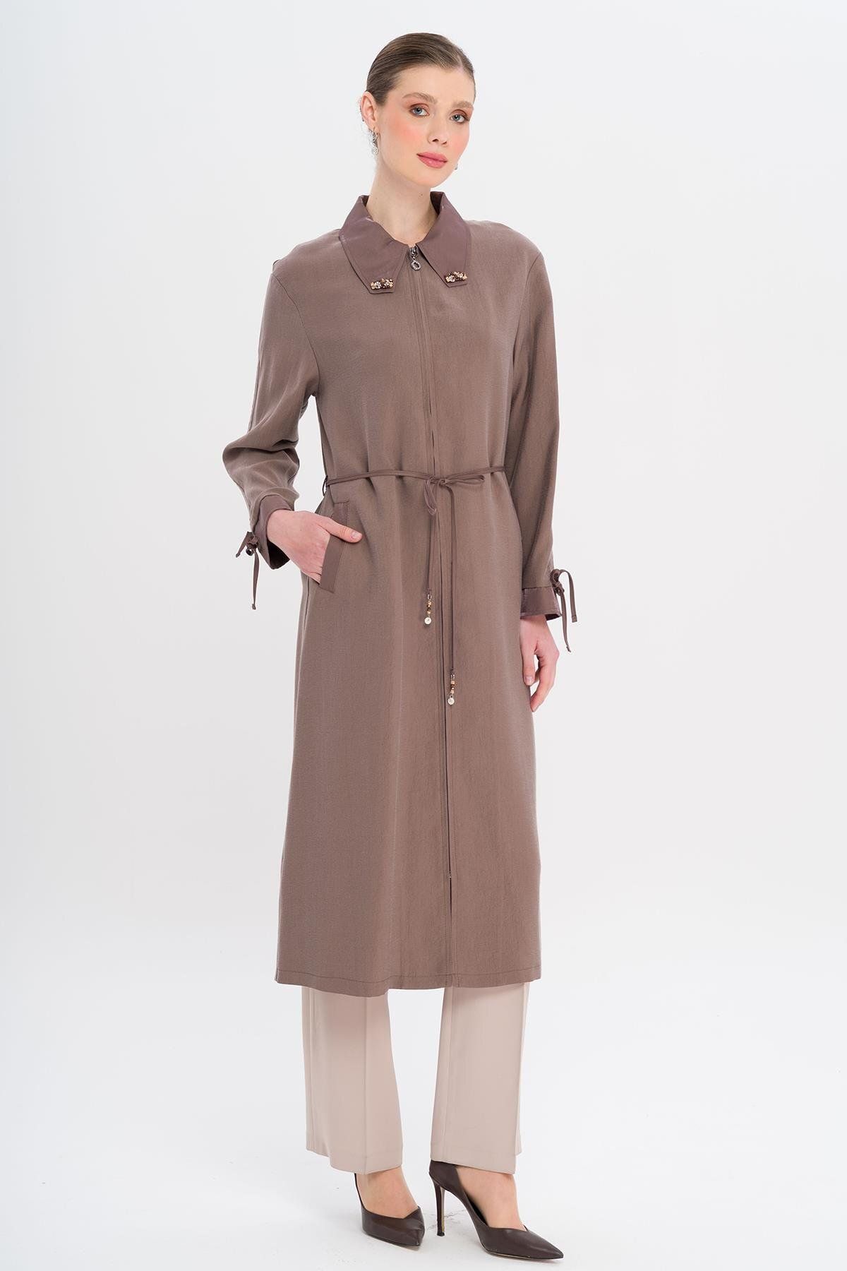 Olcay-Unlined Modal Cap with Beaded Collar and Drawstring Detail Brown 6751 2