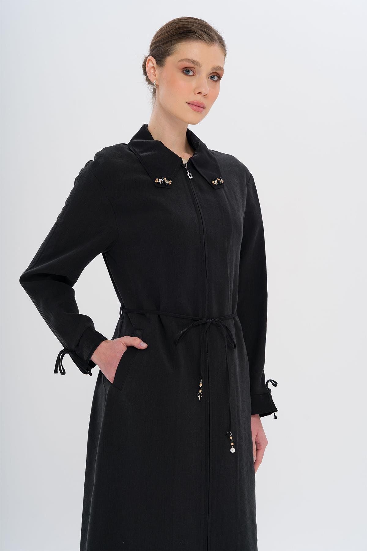 Olcay-Unlined Modal Cap with Beaded Collar and Drawstring Detail Black 6751 3
