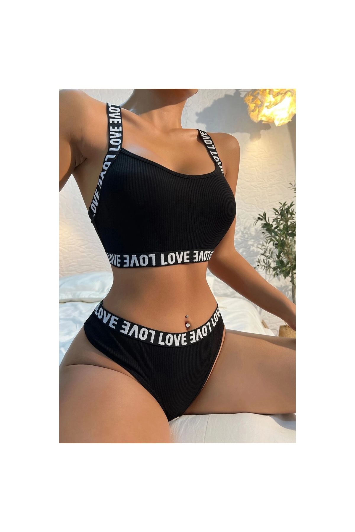 Narnuga Kadın Siyah Çapraz Sırt Ve Love Yazı Detaylı Iç Çamaşır Takımı