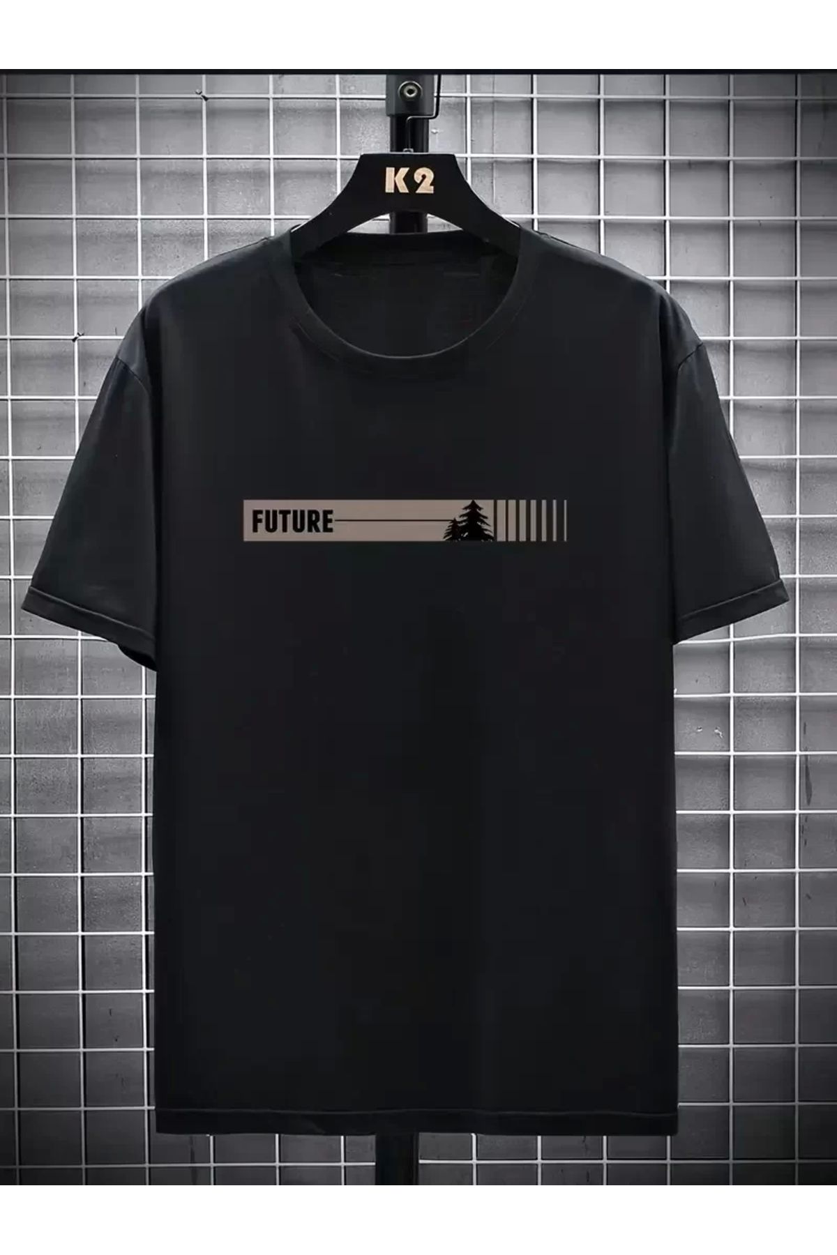 AE Stil 20/1 Penye Compack FUTRE Baskılı Oversize Kısa Kol Bisiklet Yaka T-shirt - Siyah