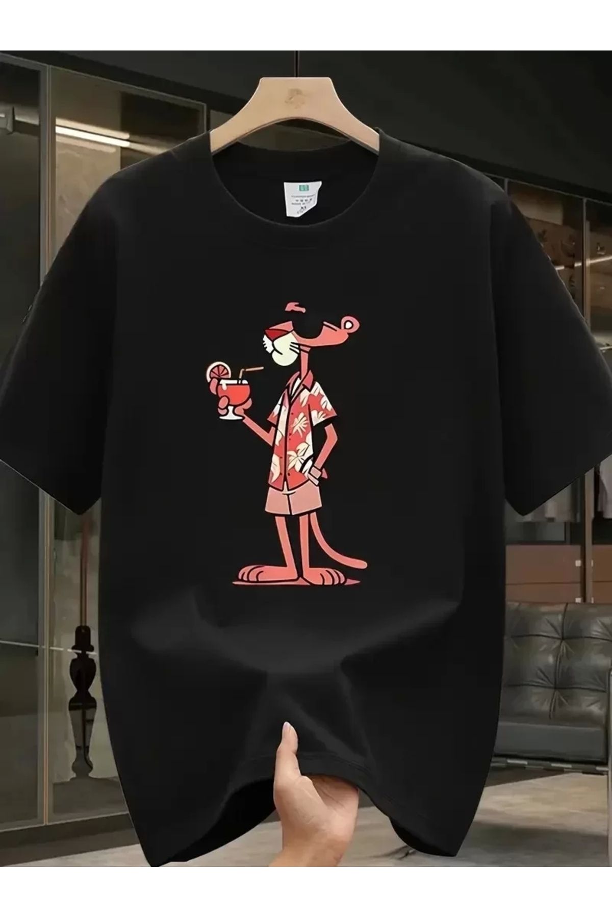 AE Stil Pembe Panter Baskılı Erkek Oversize Günlük Kısa Kollu Tişört İlkbahar ve Yaz için Mükemmeldir - Siya