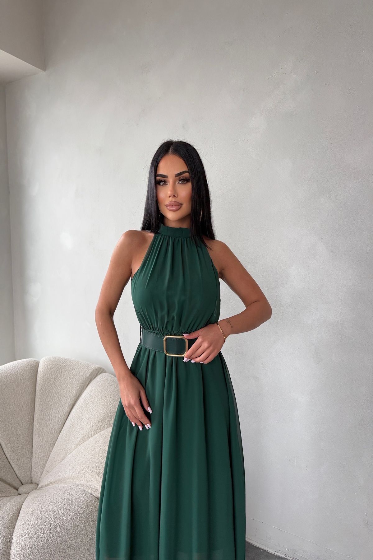 kamacibutik Halter Yaka Sıfır Kol Kemerli Şifon Elbise