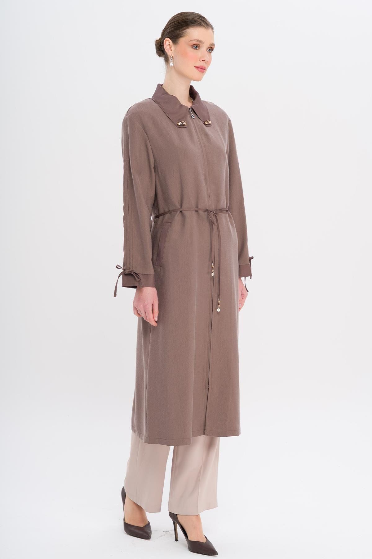 Olcay-Unlined Modal Cap with Beaded Collar and Drawstring Detail Brown 6751 5
