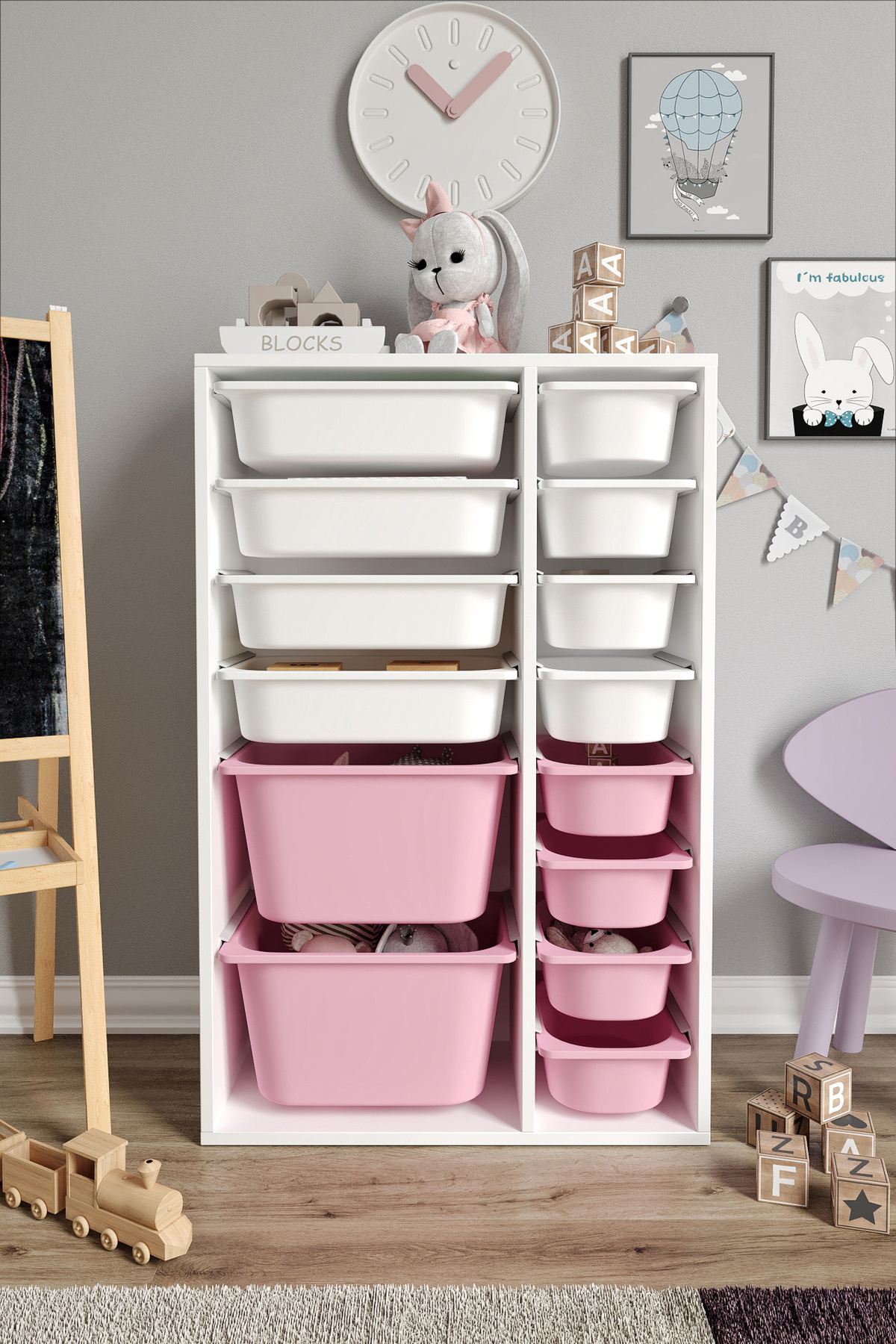 Baby Darling %100 MDF - Large Duo 14 Sepetli Oyuncak Dolabı