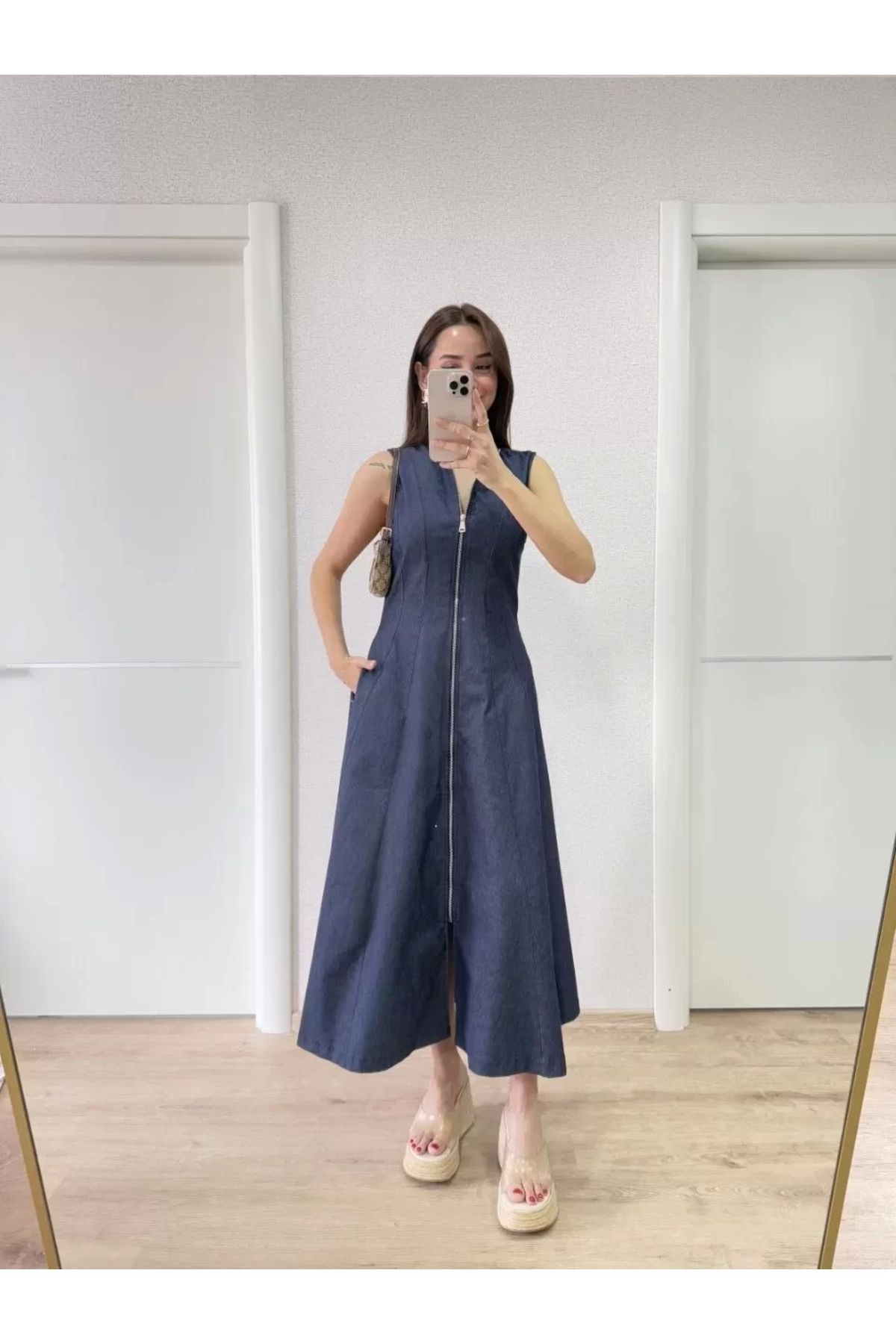 AE Stil Jeans Kot Önü Tam Fermuarlı Kadın Uzun Elbise - Mavi