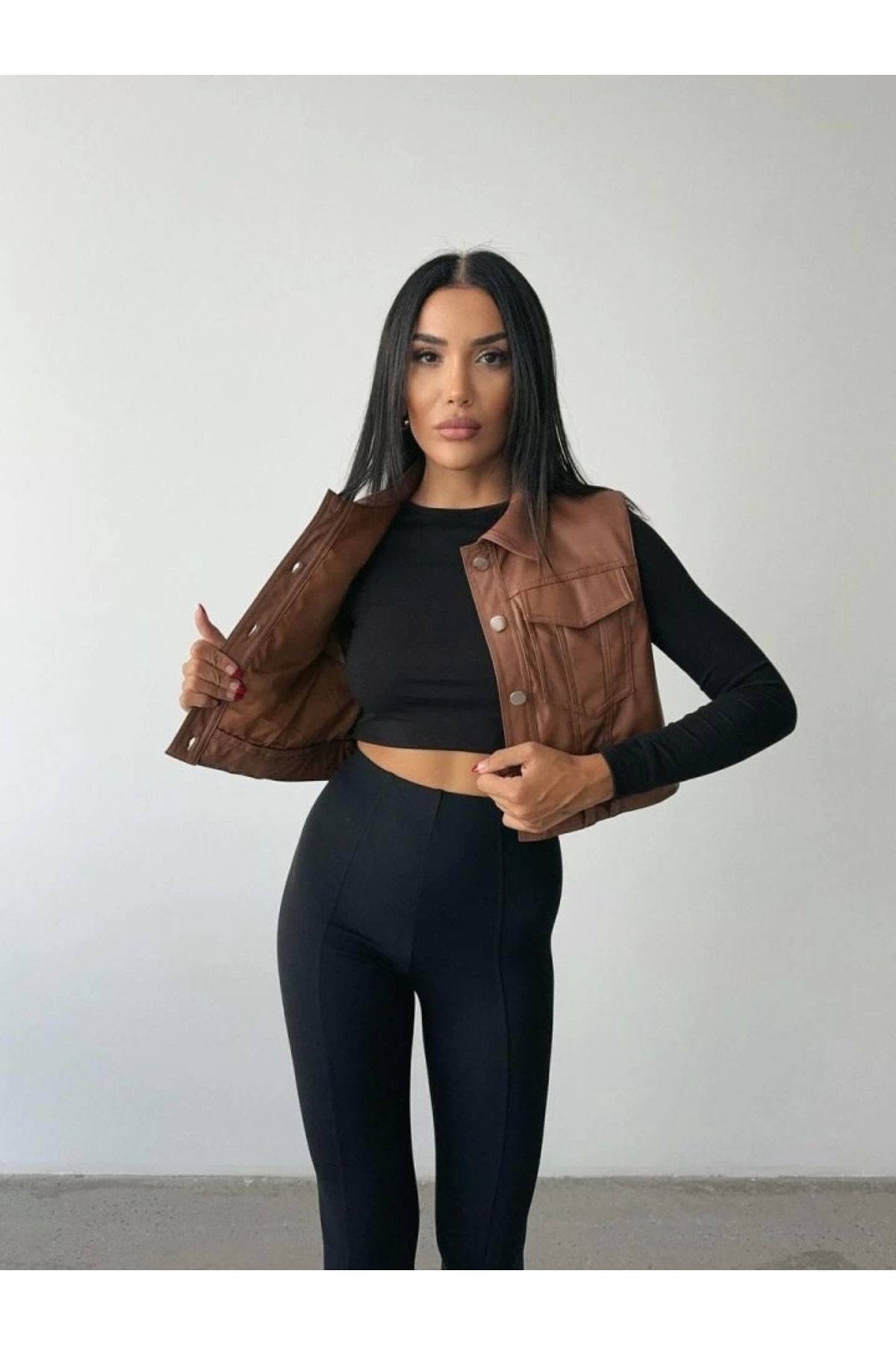 Kaplan DERİ CROP YELEK - Kahverengi