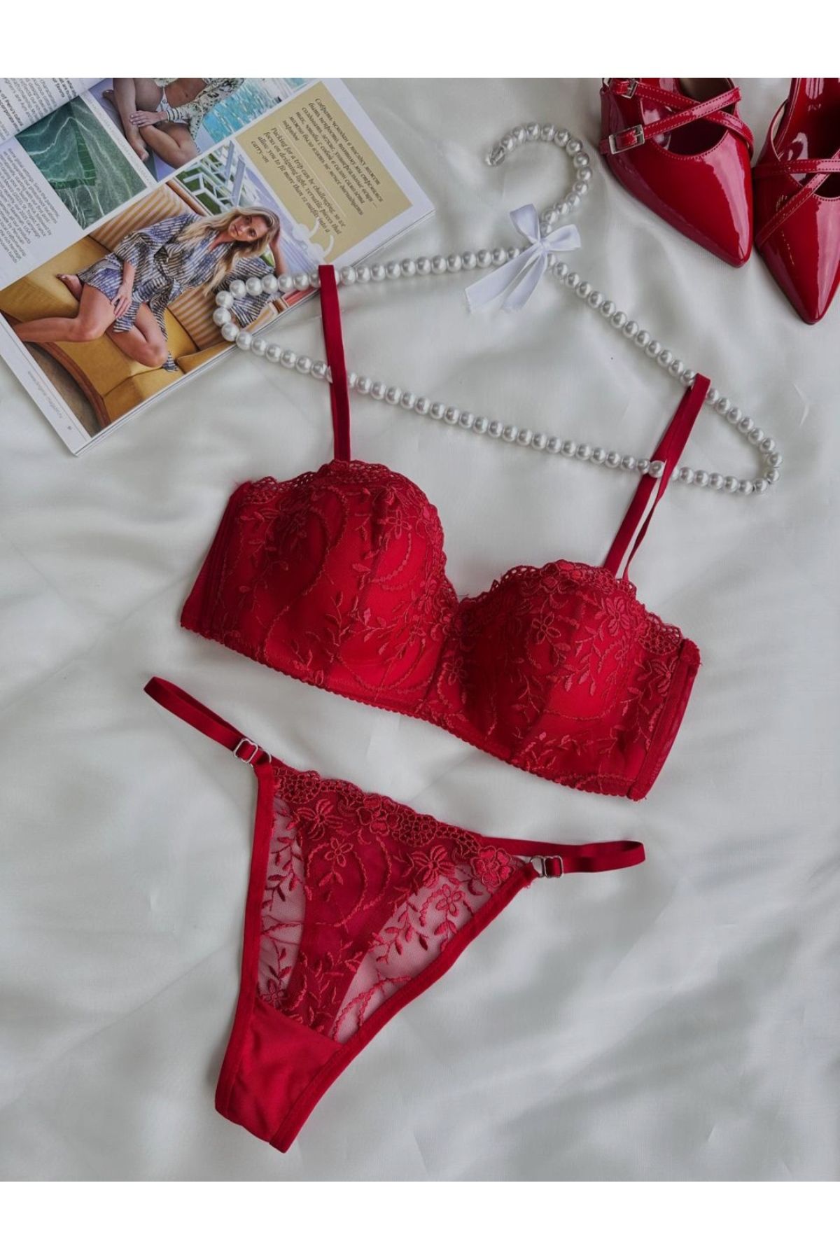 unbranded Privée Scarlet Kırmızı Dantelli Balensiz Brode Takım