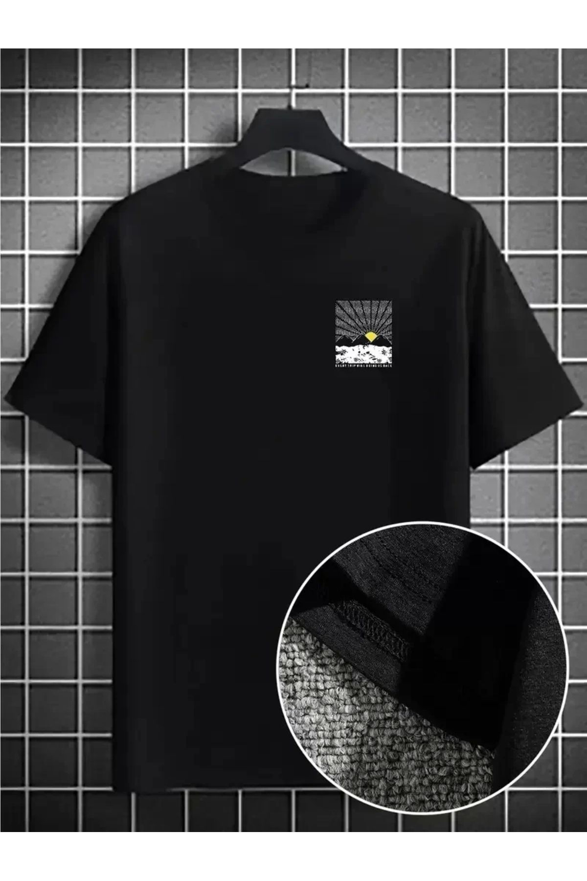 AE Stil Erkek Dağ Grafikli Tişört, Yaz için Büyük Beden Rahat T-shirt - Siyah
