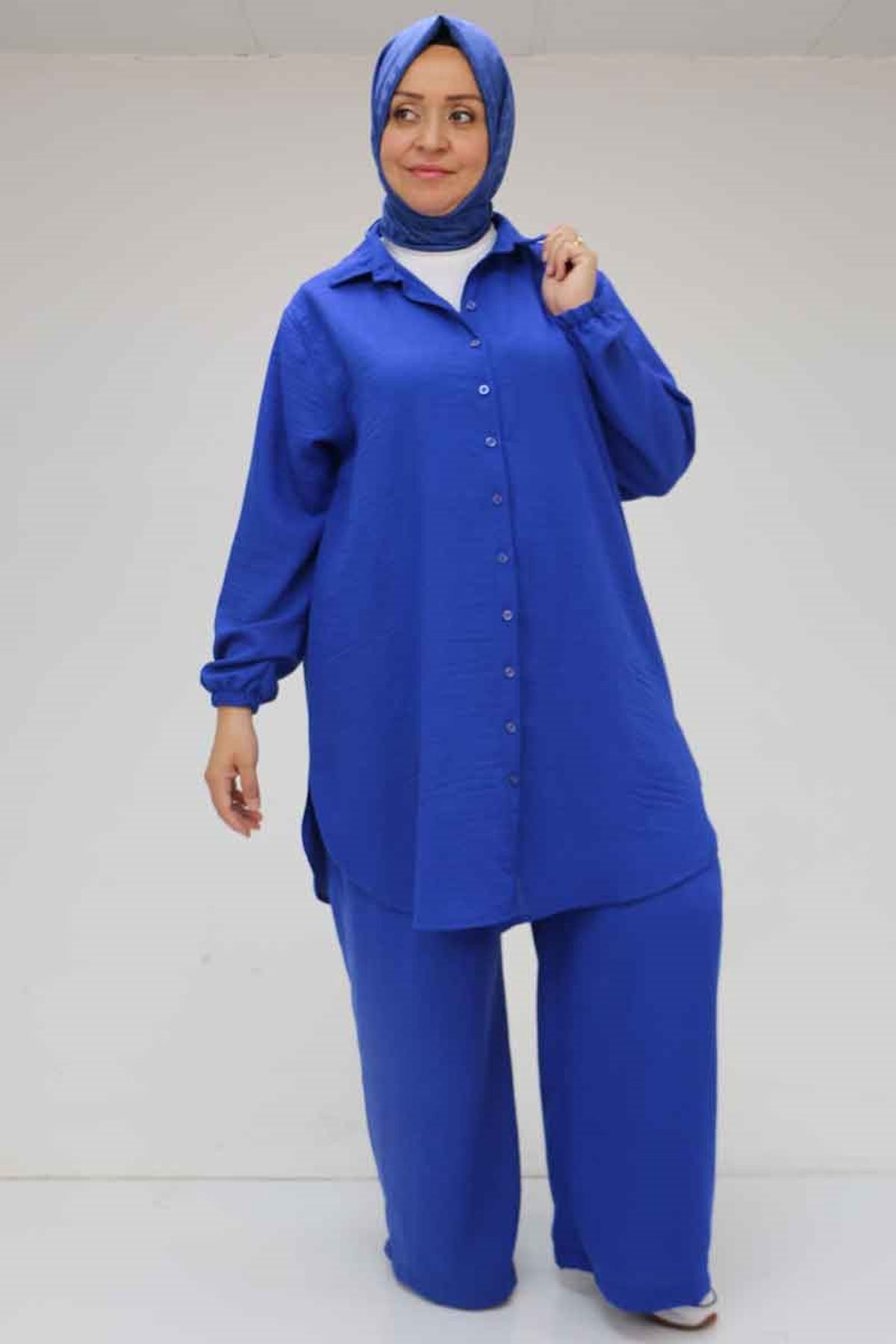 Eslina 57030 Büyük Beden Kolları Lastikli Keten Pantolonlu Takım - Saks