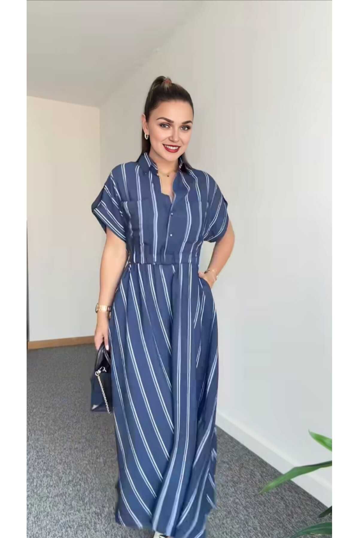 Lovia Yeni sezon TREND - LACİVERT EKRU Çizgili Gömlek elbise