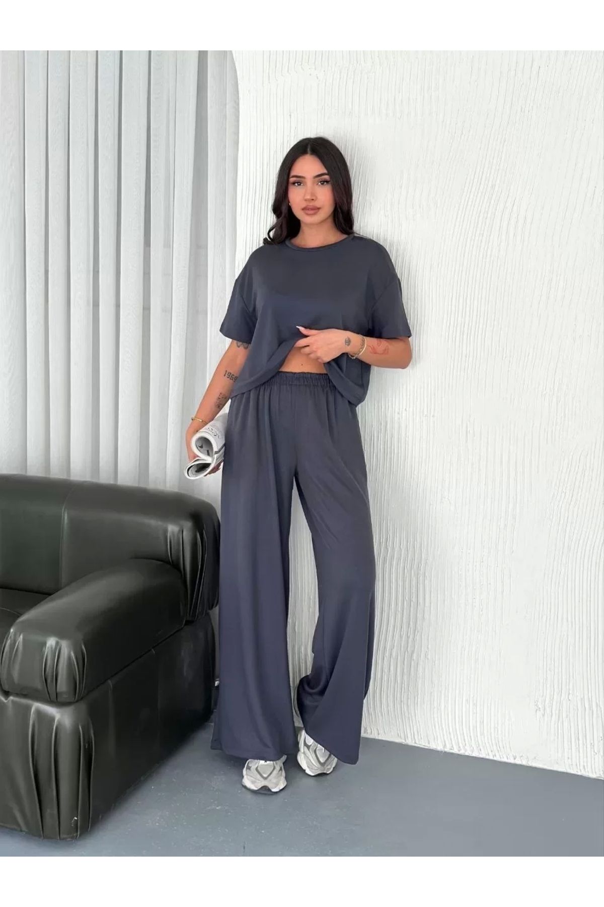 AE Stil Osy Modal Yumuşak Dokulu Kumaş Bisiklet Yaka T-shirt Bol paça Pantalon ikili Takım -Antrasit