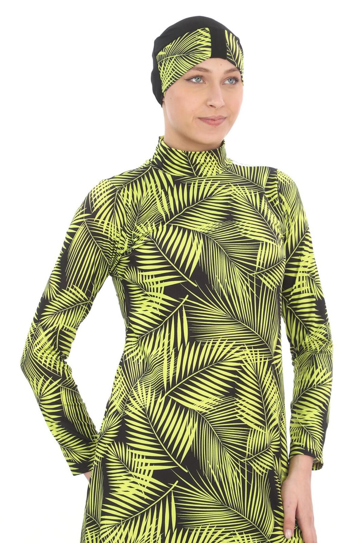 EB beachwear SİYAH ZEMİN ÜZERİNE YEŞİL YAPRAK DESEN LİKRALI TAM KAPALI TESETTÜR MAYO