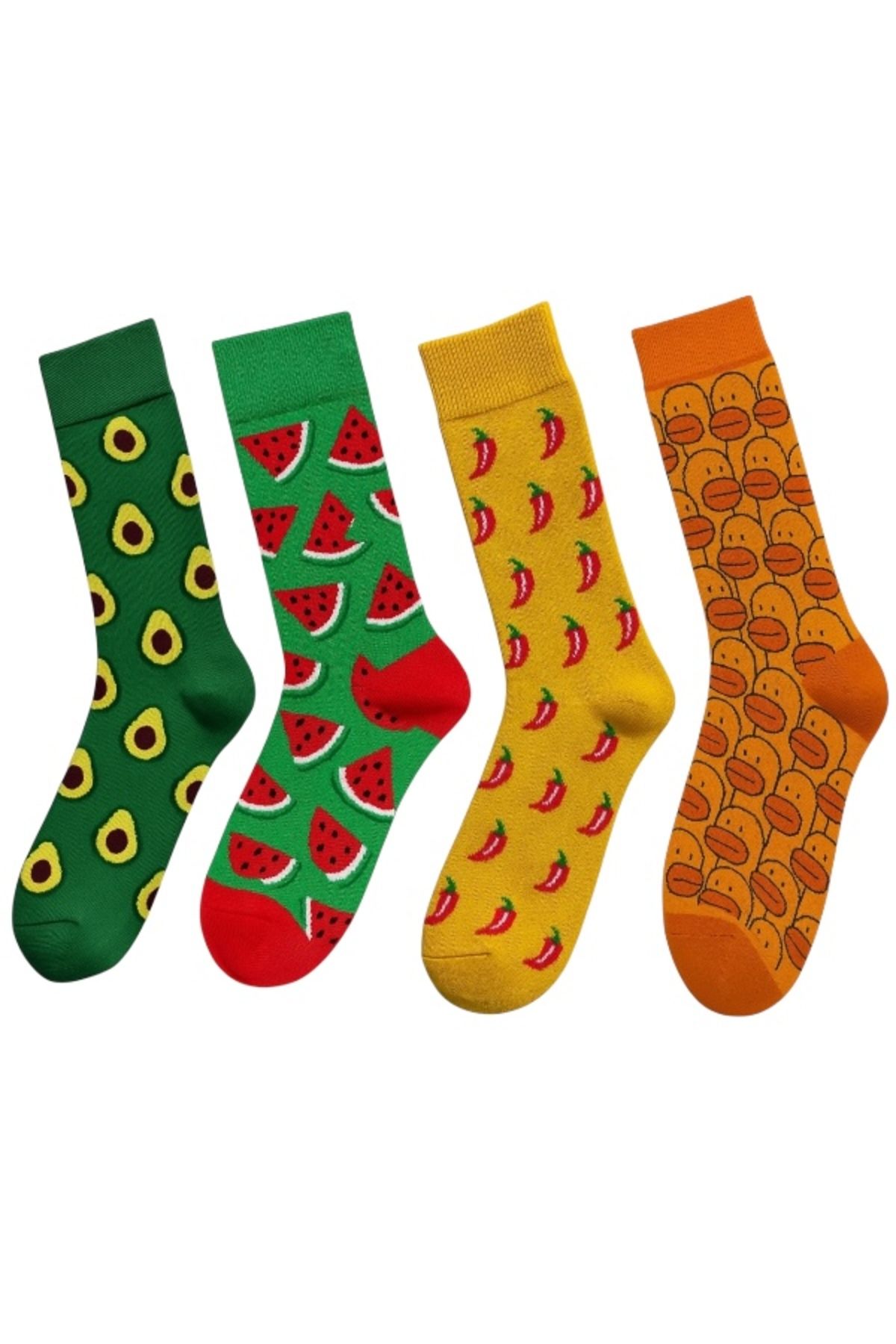 Goma Goma Socks Figürlü Desenli 4 lü Renkli Eğlenceli Unisex Çorap Seti Avokado Karpuz Biber Ördek Temalı Kombin