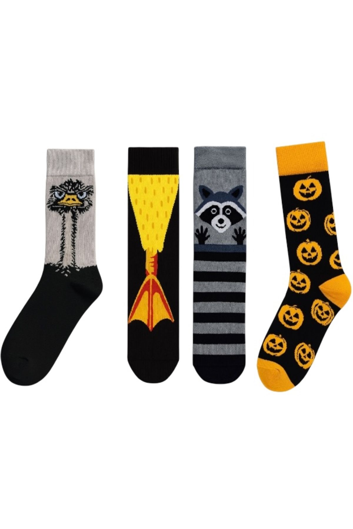 Goma Goma Socks Figürlü Desenli 4 lü Renkli Eğlenceli Unisex Çorap Seti Devekuşu Tavuk Rakun Balkabağı Temalı Kombin