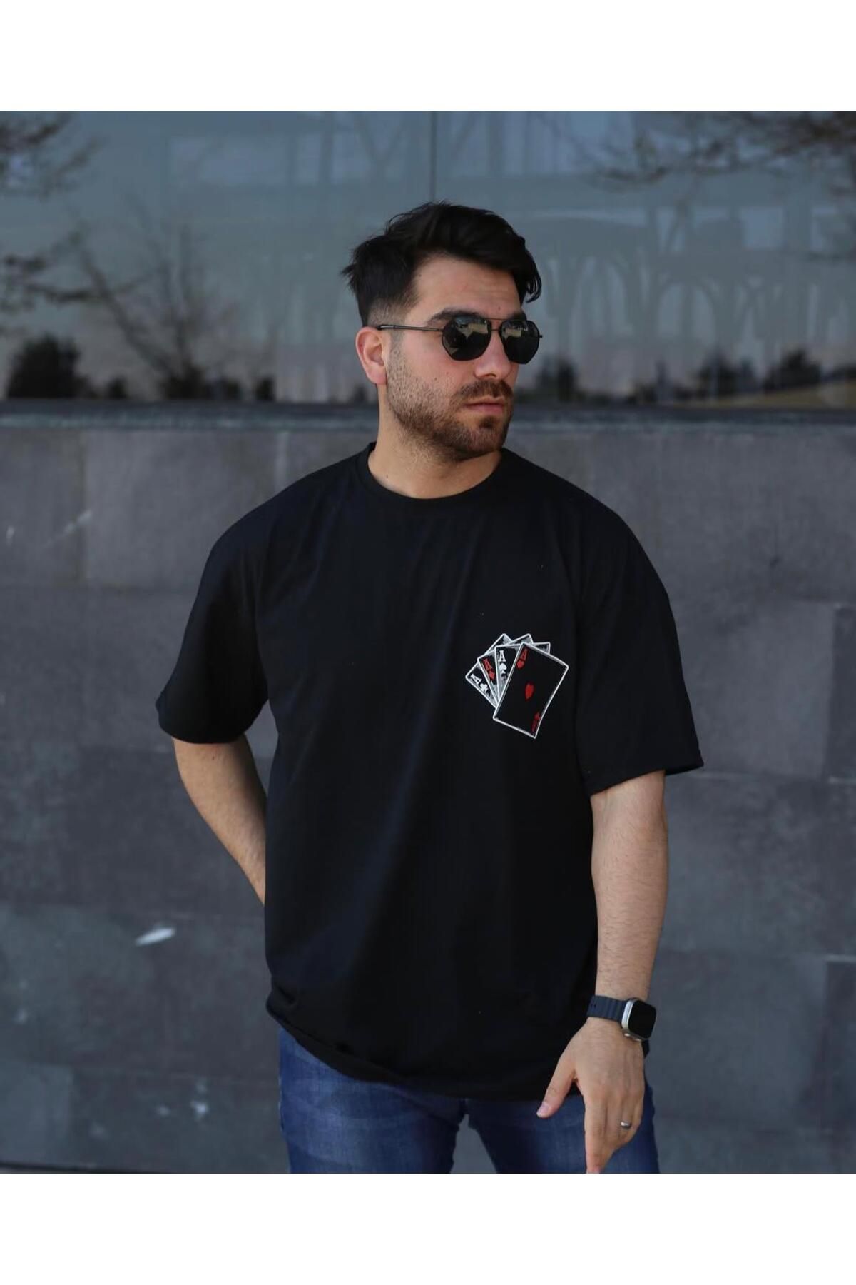 bzh siyah as kart desenli t-shirt bisiklet yaka yazlık