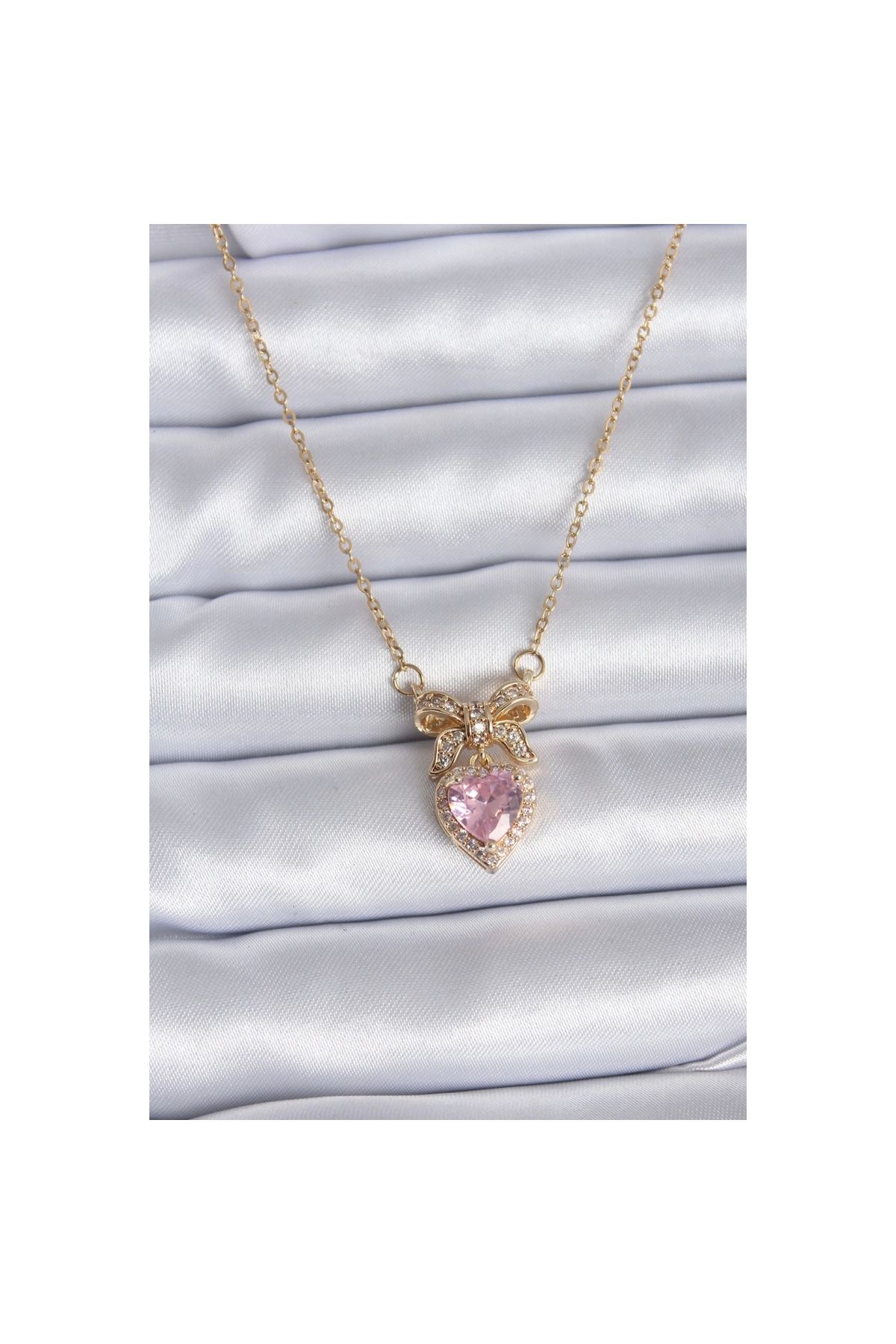 Marsilyan 316L Çelik Gold Zincir Pembe Kristal Kalp Model Zirkon Taşlı Kurdele Model Kadın Kolye - TJ-BKO7745