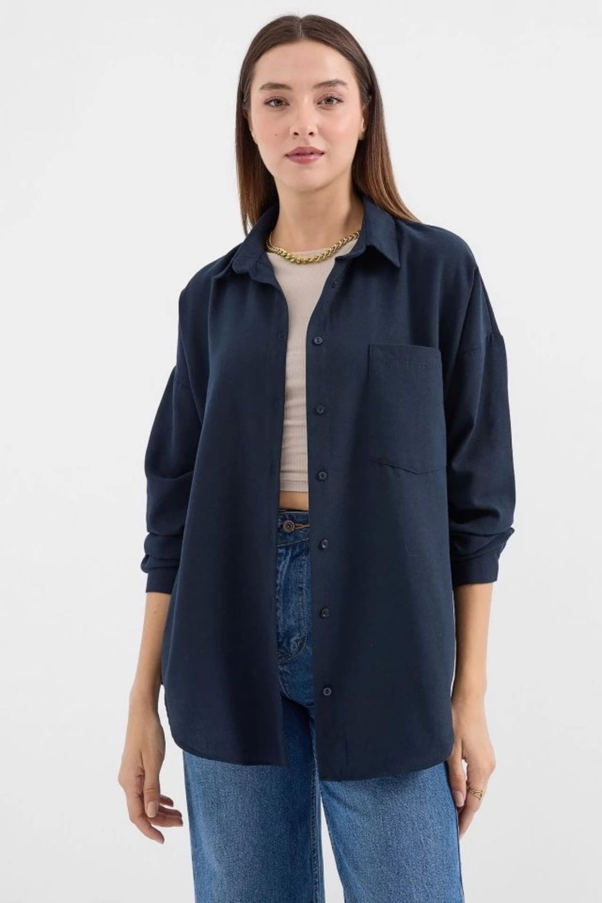 Kaplan 20153 Tek Cepli Oversize Keten Gömlek - Lacivert