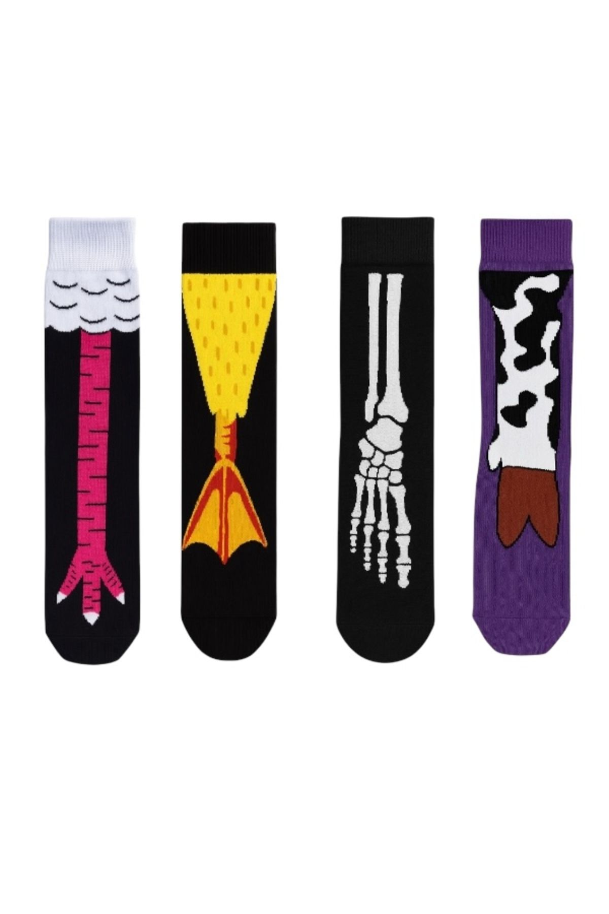 Goma Goma Socks Figürlü Karakterli 4 lü Renkli Eğlenceli Unisex Çorap Seti Tavuk Flamingo İnek İskelet Çorap Kombini