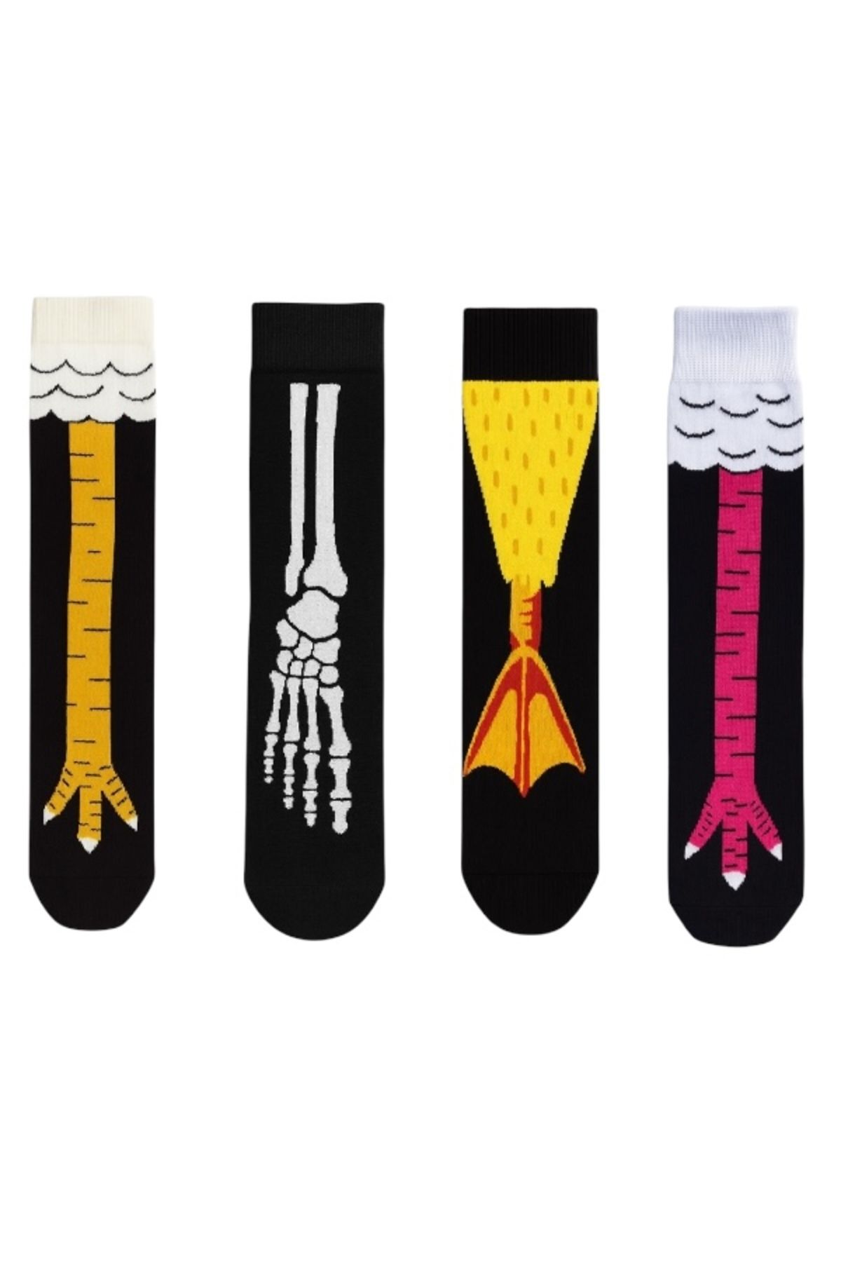 Goma Goma Socks Figürlü Karakterli 4 lü Renkli Eğlenceli Unisex Çorap Seti Tavuk İskelet Flamingo Çorap Kombini