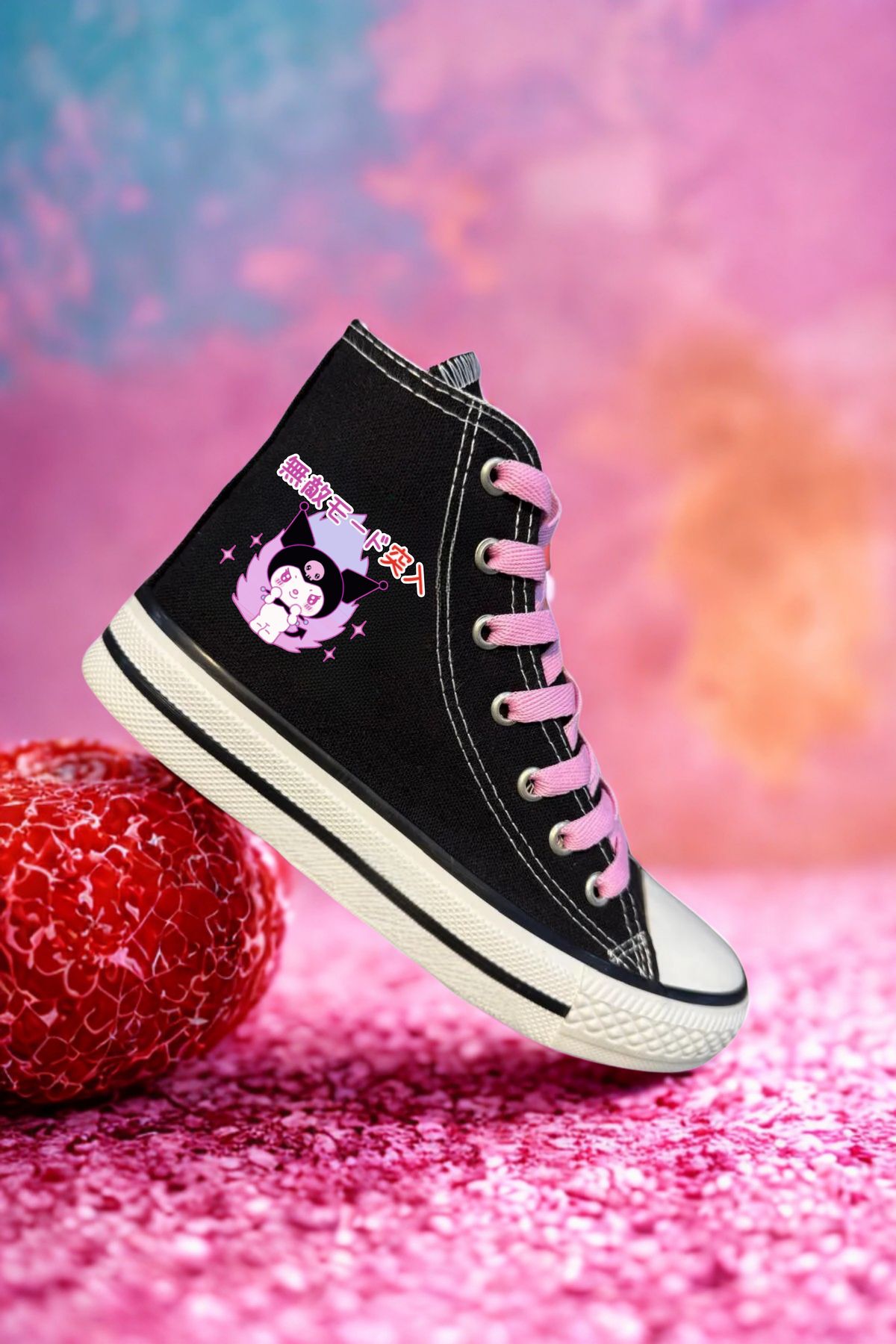LEVENT ÖZCAN Çince Kuromi Baskılı, Pembe Bağcıklı, Siyah Bilekli Spor Ayakkabı, Çocuk Sneaker