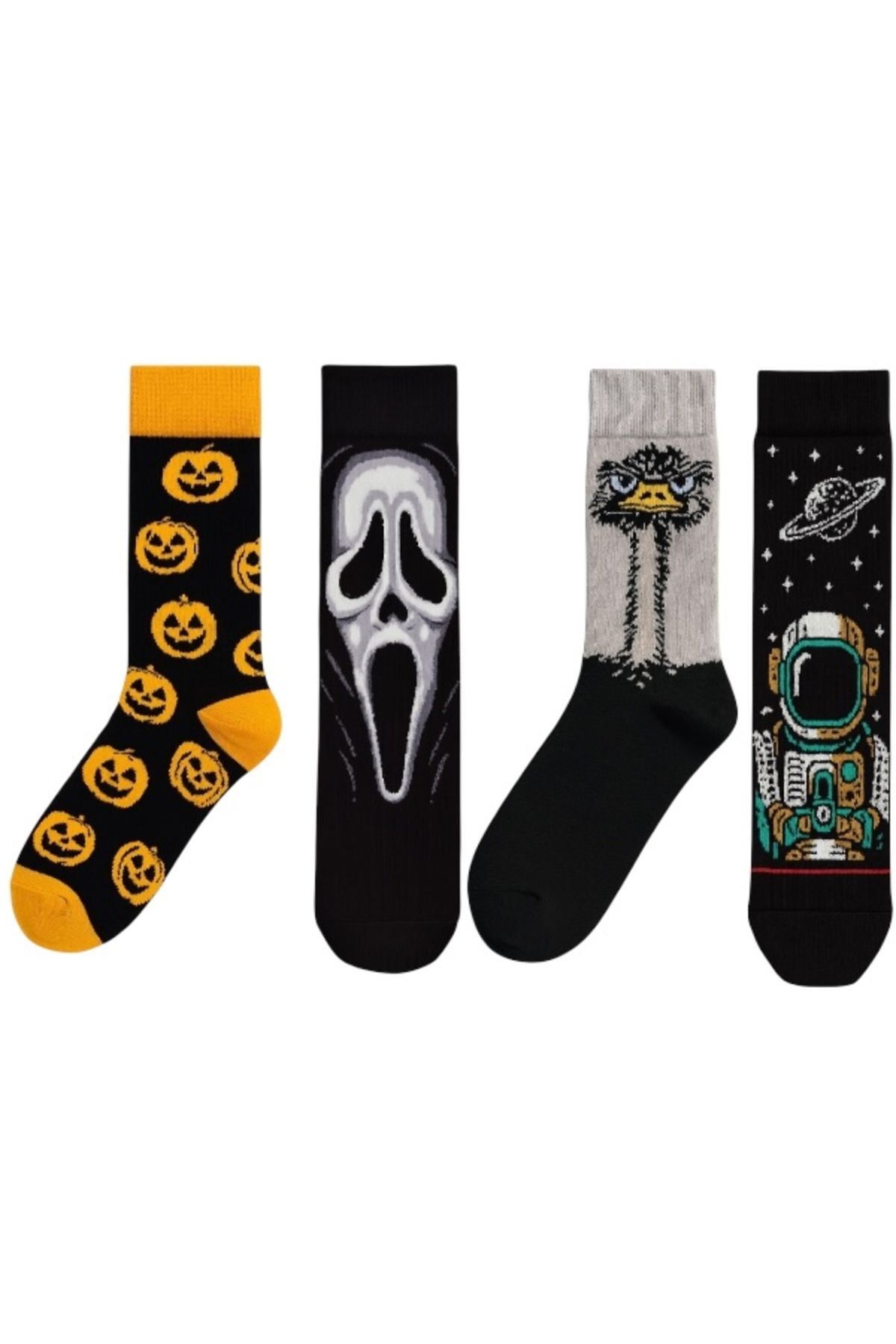 Goma Goma Socks Figürlü Desenli 4 lü Renkli Eğlenceli Unisex Çorap Seti Balkabağı Devekuşu Astronot Temalı Kombin