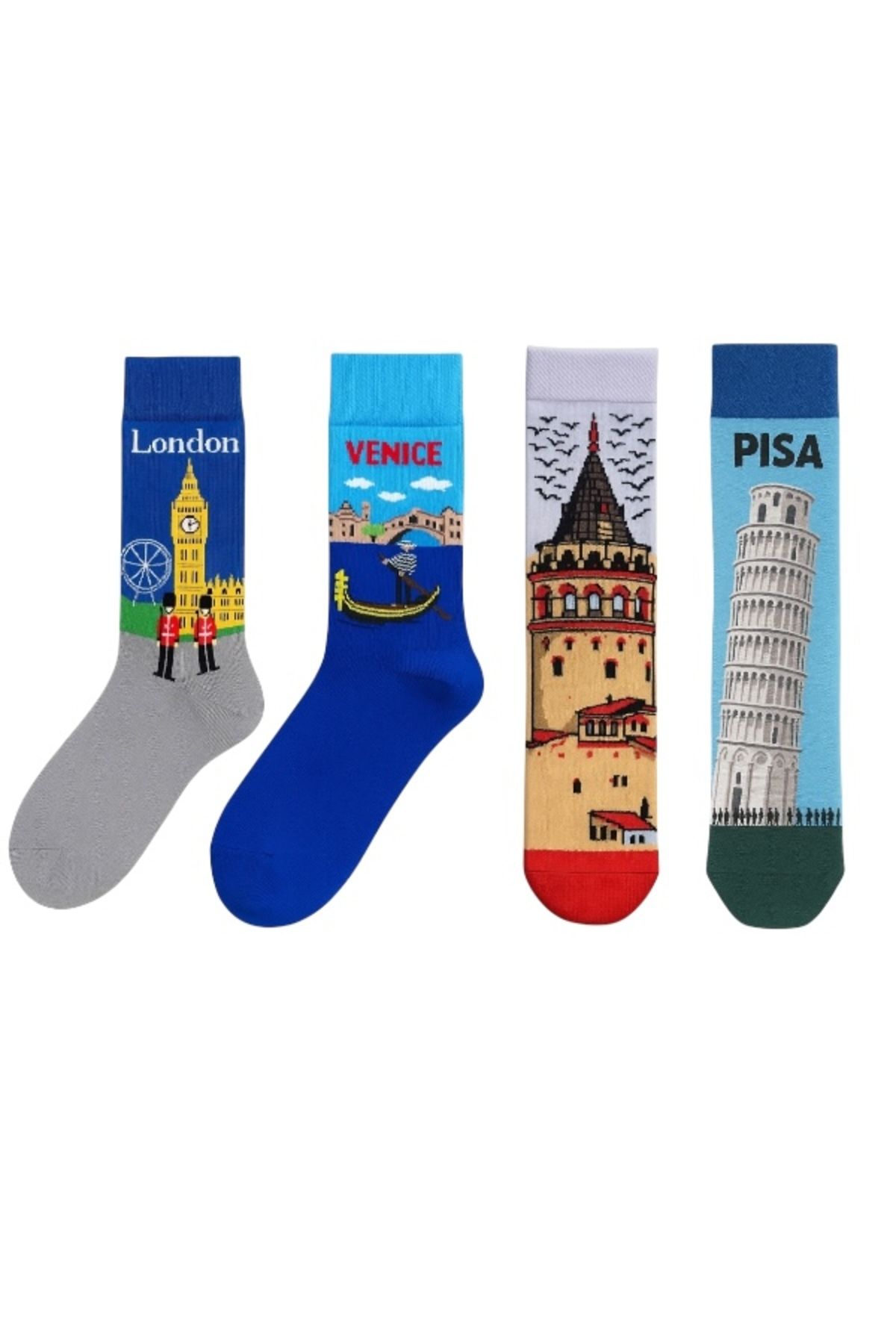 Goma Goma Socks Şehir Temalı Figürlü 4 lü Renkli Eğlenceli Unisex Çorap Seti Londra Venedik Galata Pisa Kombin