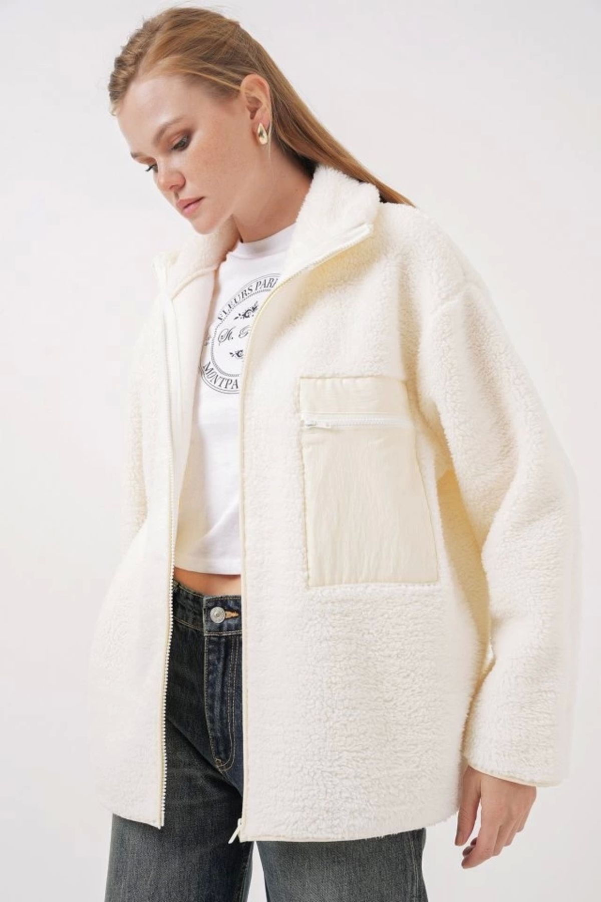 Kaplan 55446 Fermuarlı Oversize Peluş Mont - Bej