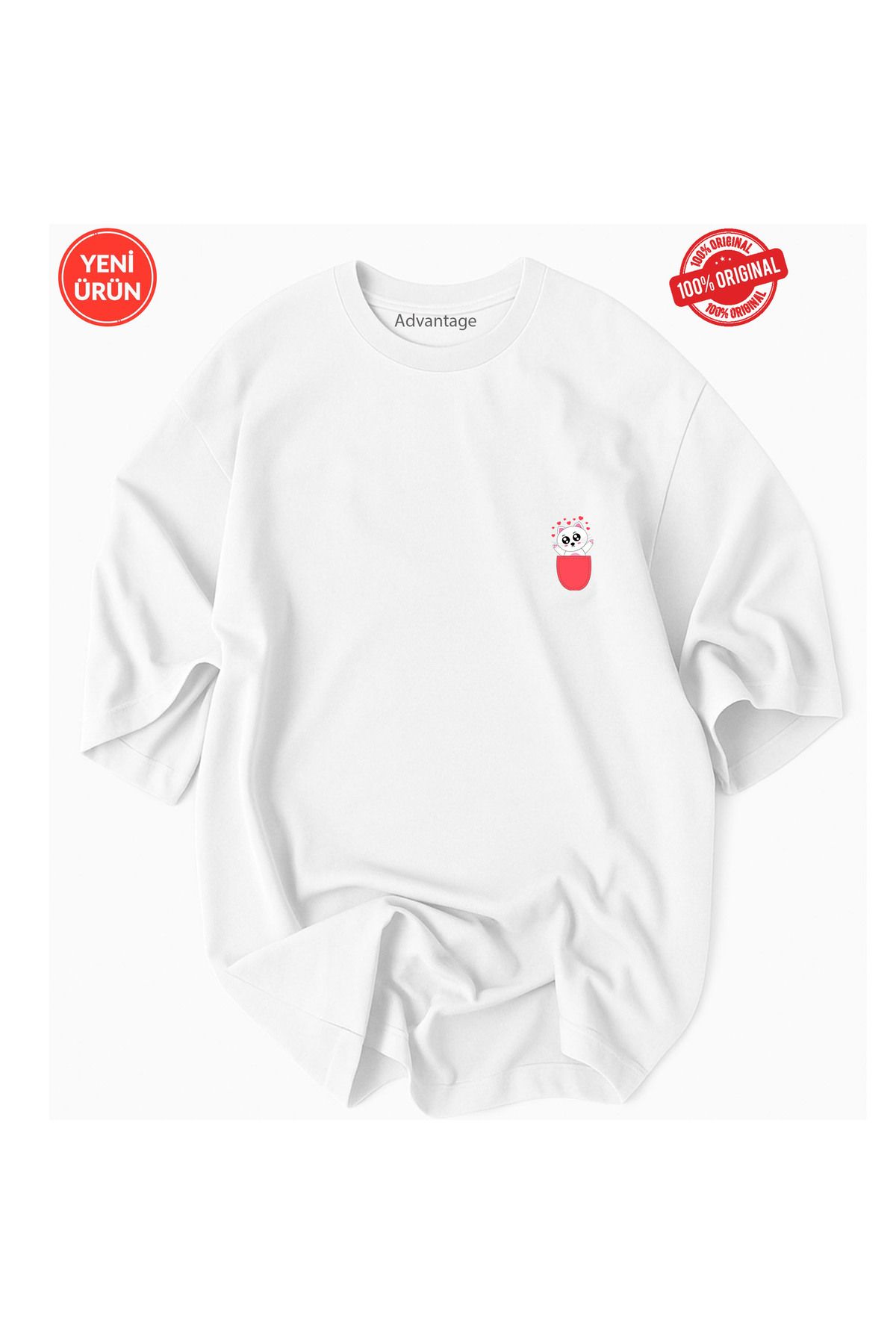 Advantage Kedi Cep Desen Baskılı %100 Pamuklu Premium T-Shirt