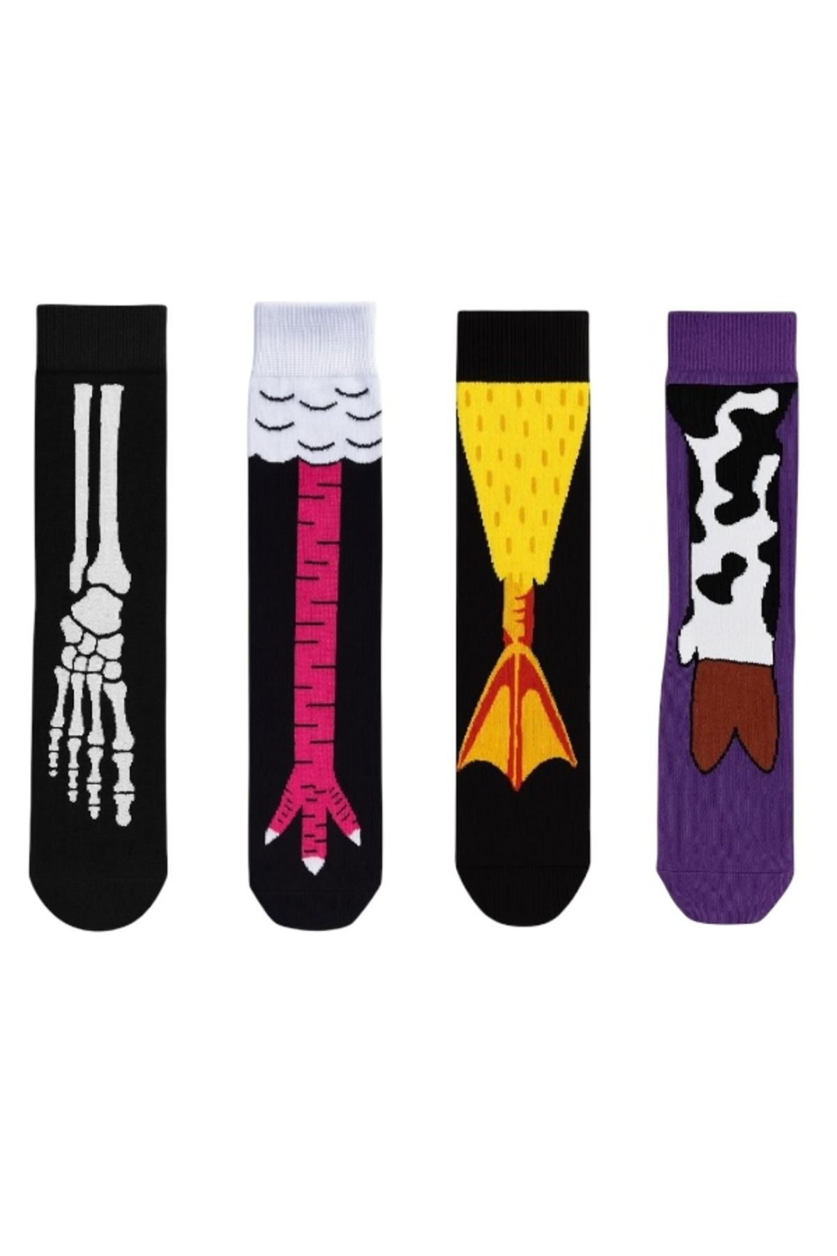 Goma Goma Socks Karakterli Renkli Figürlü 4 lü Eğlenceli Unisex Çorap Seti İskelet Flamingo Tavuk İnek Çorap Kombini