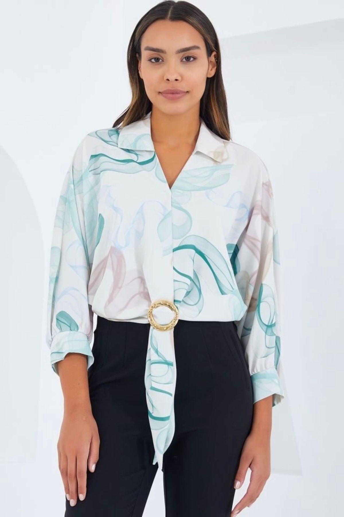 Kaplan Oversize Dökümlü Crop Saten Gömlek 906 - Mint