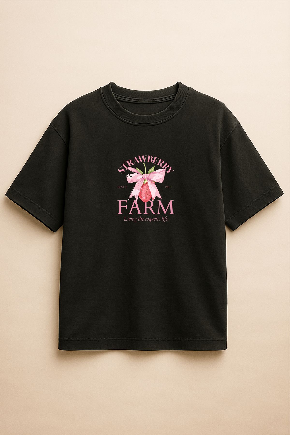 Altair Tr Siyah Renk Oversize Strawberry Farm Çilek Baskılı Unisex Tişört T-Shirt