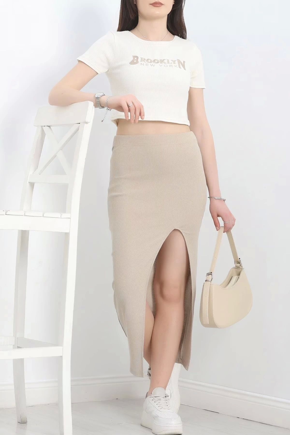 ufukmoda Nakışlı etekli takım bej beyaz s3899