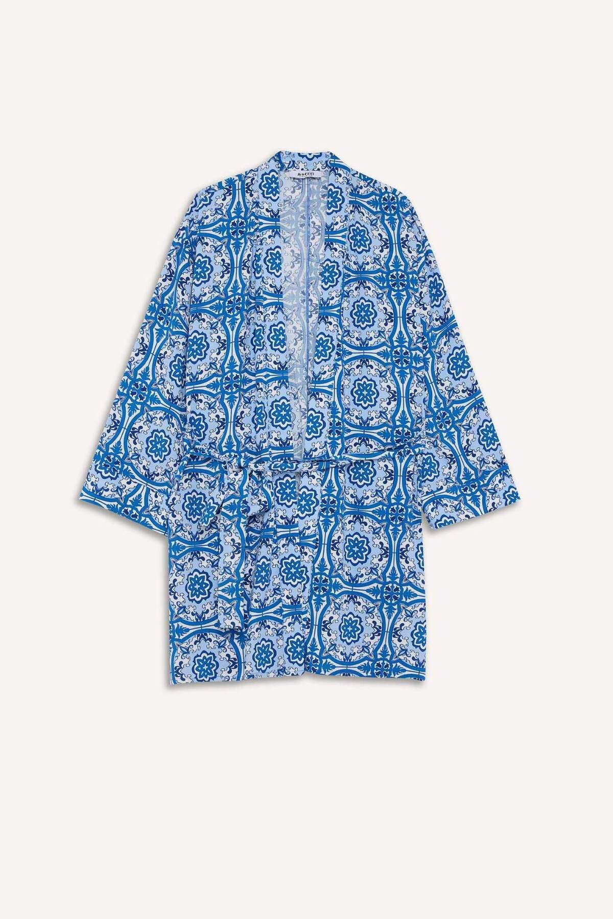 Relax Fit Bisiklet Yaka Desenli Viskon Kimono E7262AX25SM