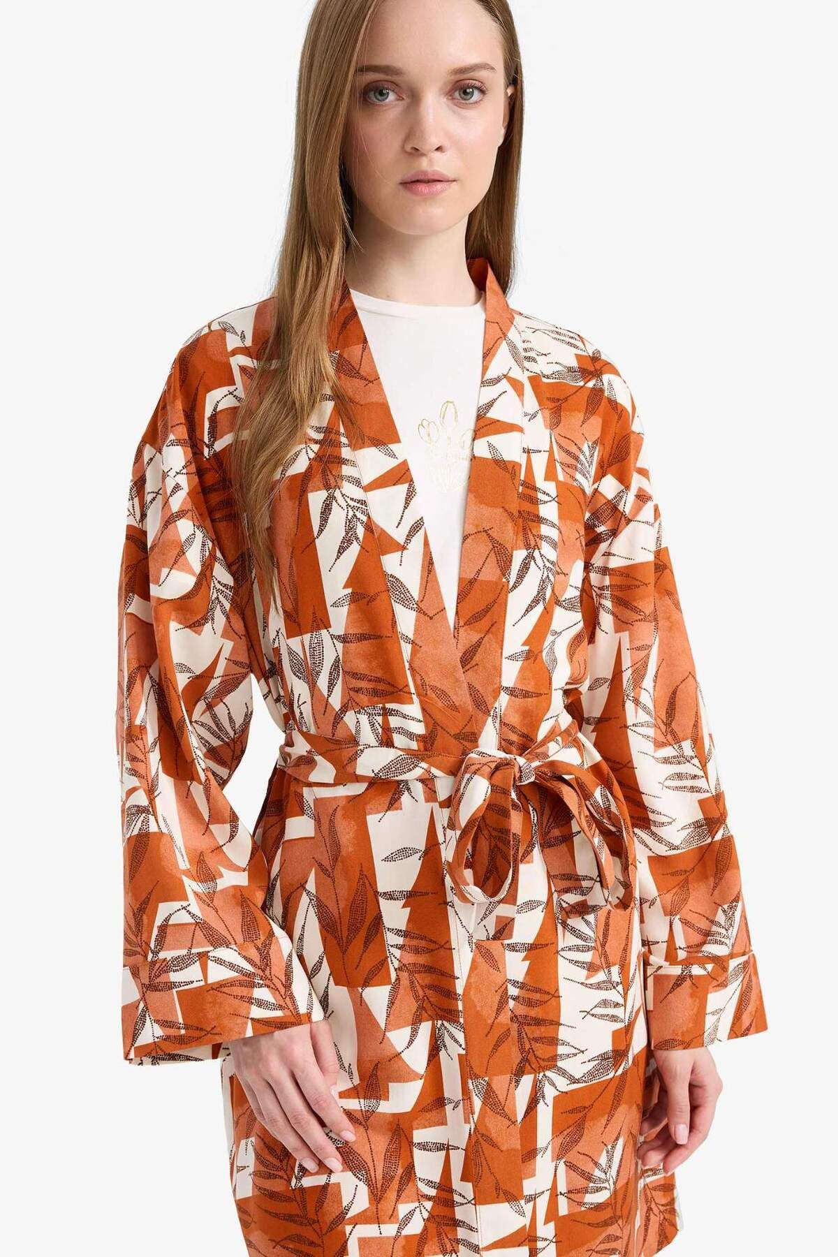 Relax Fit Bisiklet Yaka Desenli Viskon Kimono E7262AX25SM