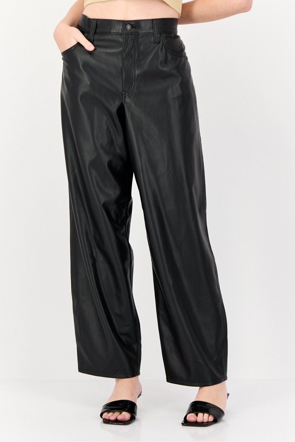 Levi's-Women Regular Fit Solid Faux Leather Straght Leg Pants, Black 1
