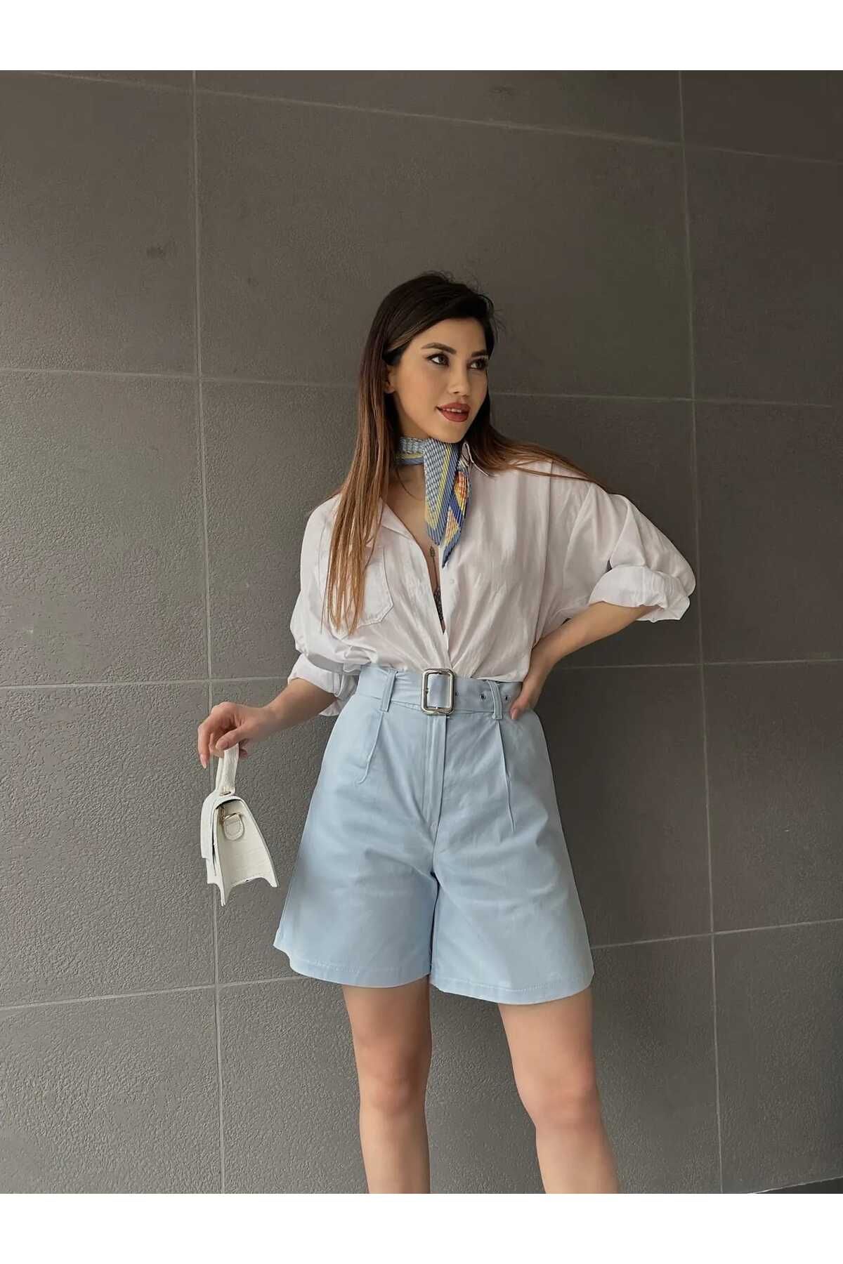 Zeliza Moda Evi Kuş Gözü Kemerli Geniş Paçalı Mom Kadın Şort
