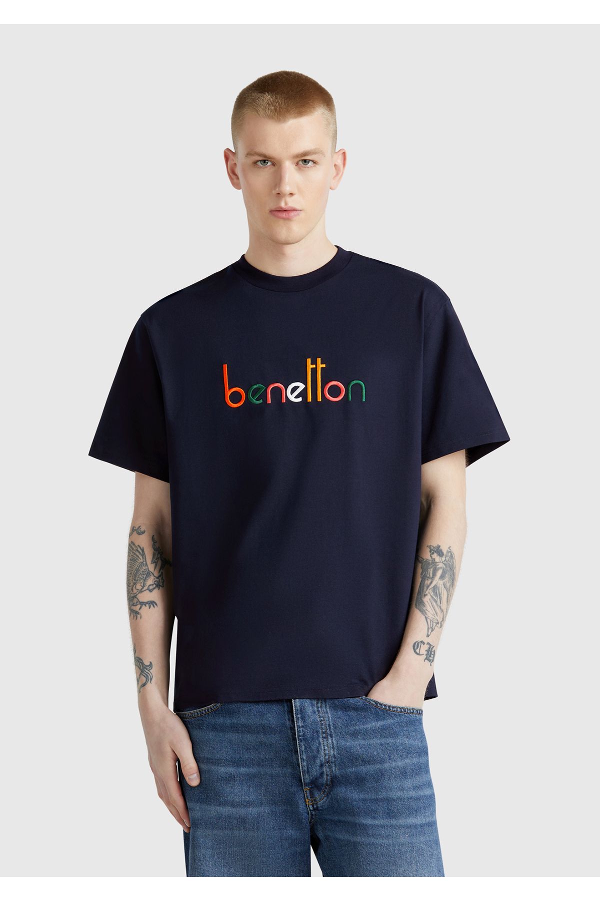 United Colors of Benetton Erkek Lacivert %100 Pamuk Önü Logo İşlemeli Oversize T-Shirt