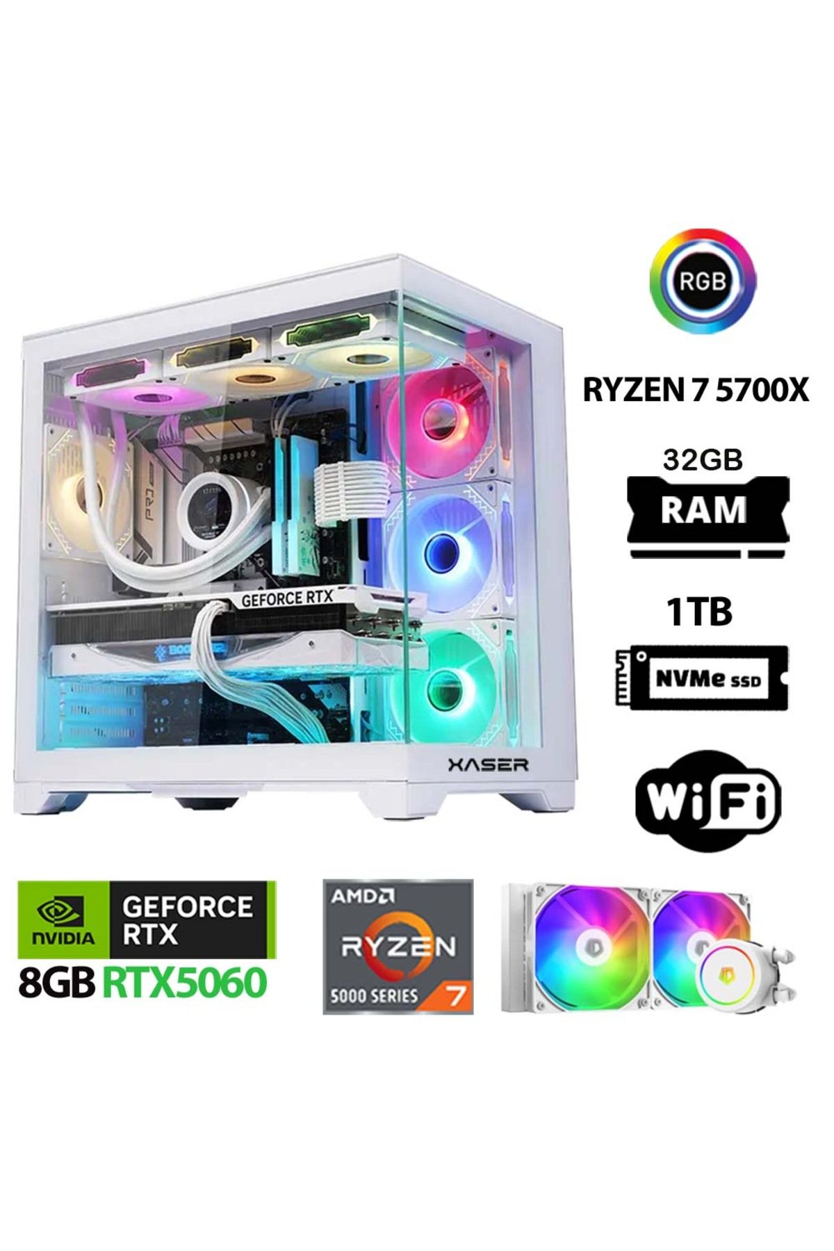 XASER Sword X60 Ryzen 7 5700x 32gb Ram 1tb M.2 Nvme Ssd 8gb Rtx5060 Sıvı Soğutmalı Hazır Sistem
