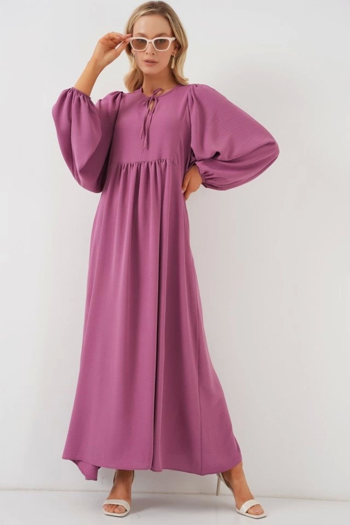 Butik Balon Kol Uzun Tesettür Elbise 2464 - Gül Kurusu