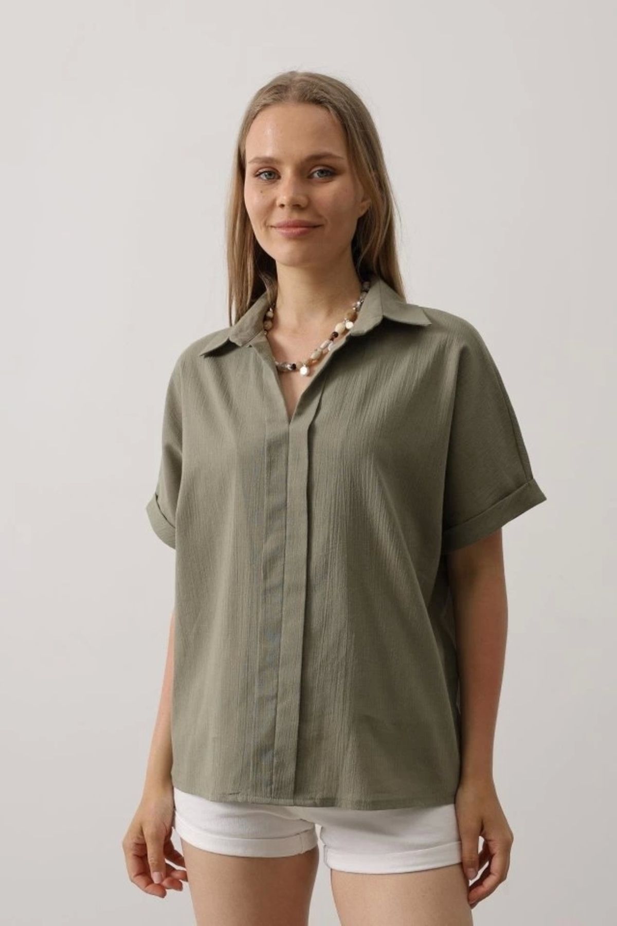 Butik Double Kol Keten Bluz - Haki
