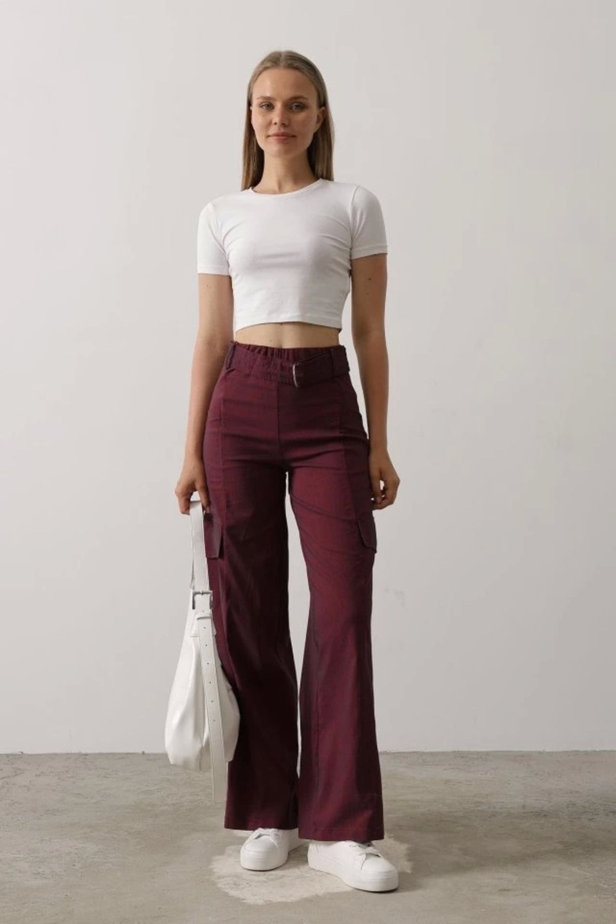 Butik Kemerli Cargo Pantolon - Bordo