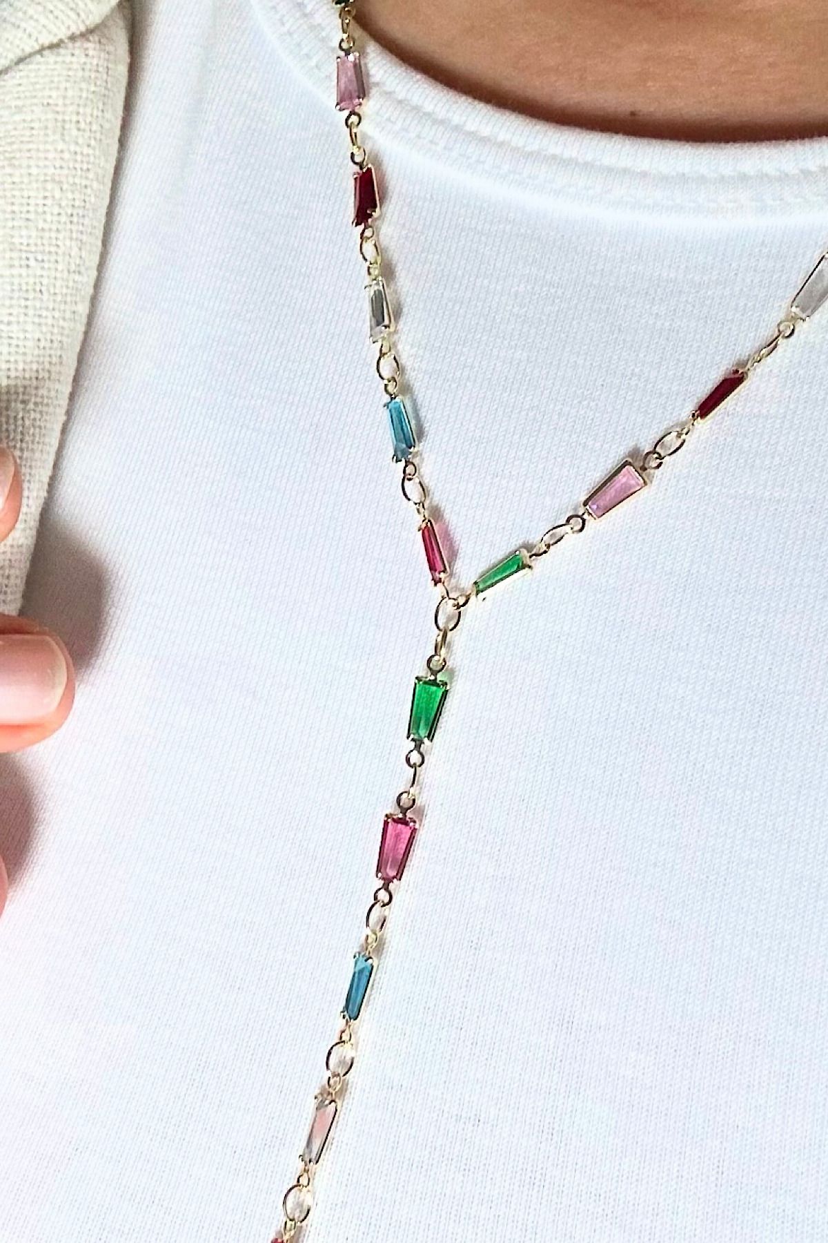 DELEIZA ACCESSORY Çelik Gold Y Kolye Dikdörtgen Renkli Taş Detaylı