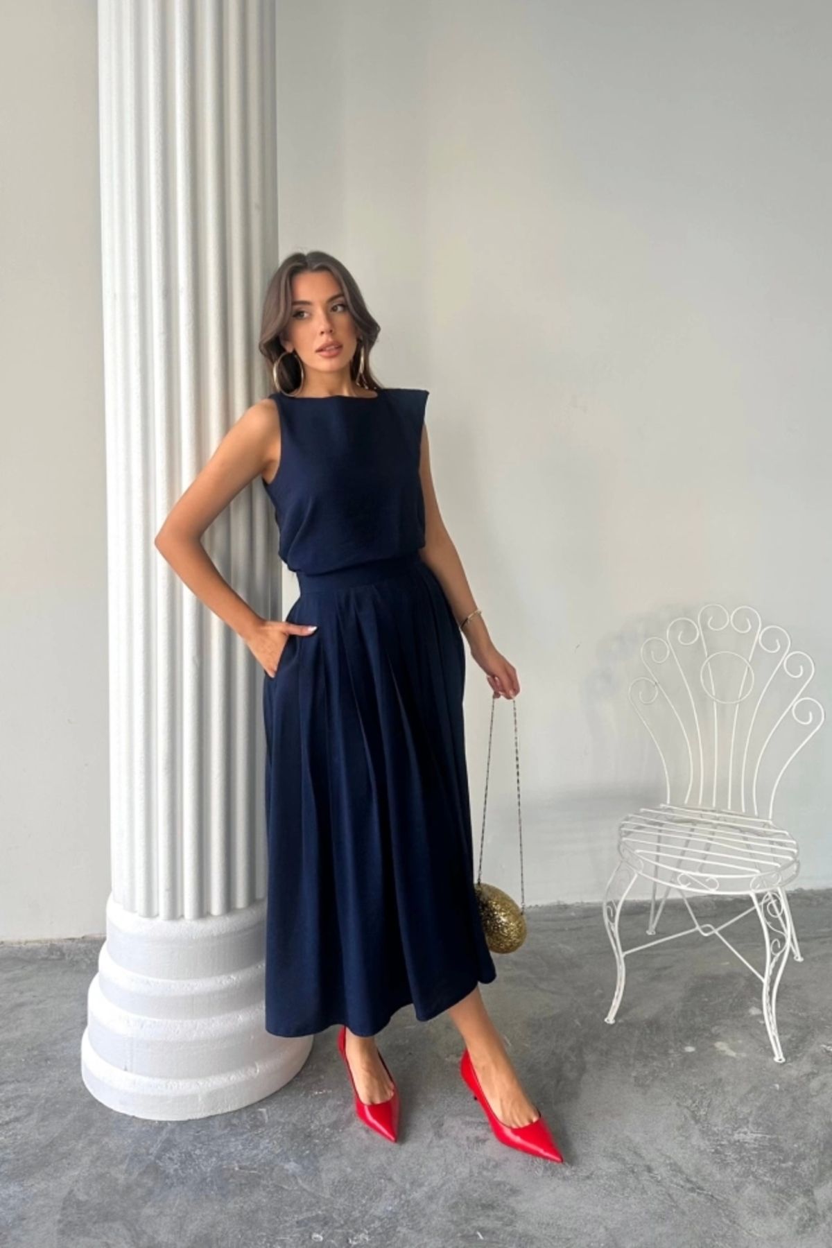 Butik KETEN KOLSUZ BLUZ - MAXİ ETEK TAKIM - Lacivert