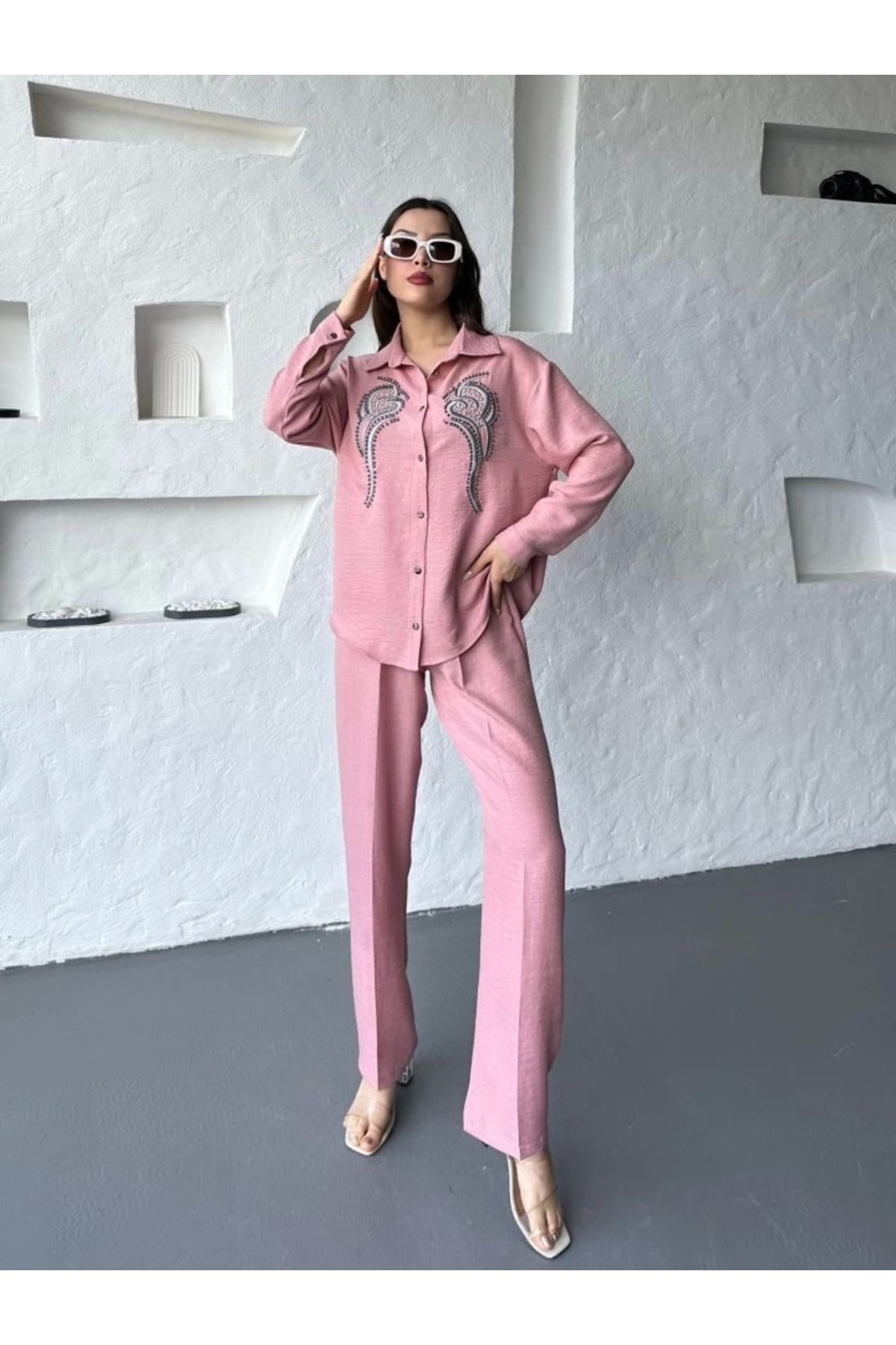 Butik İşleme Detaylı Gömlek & Pantolon Keten İkili Takım