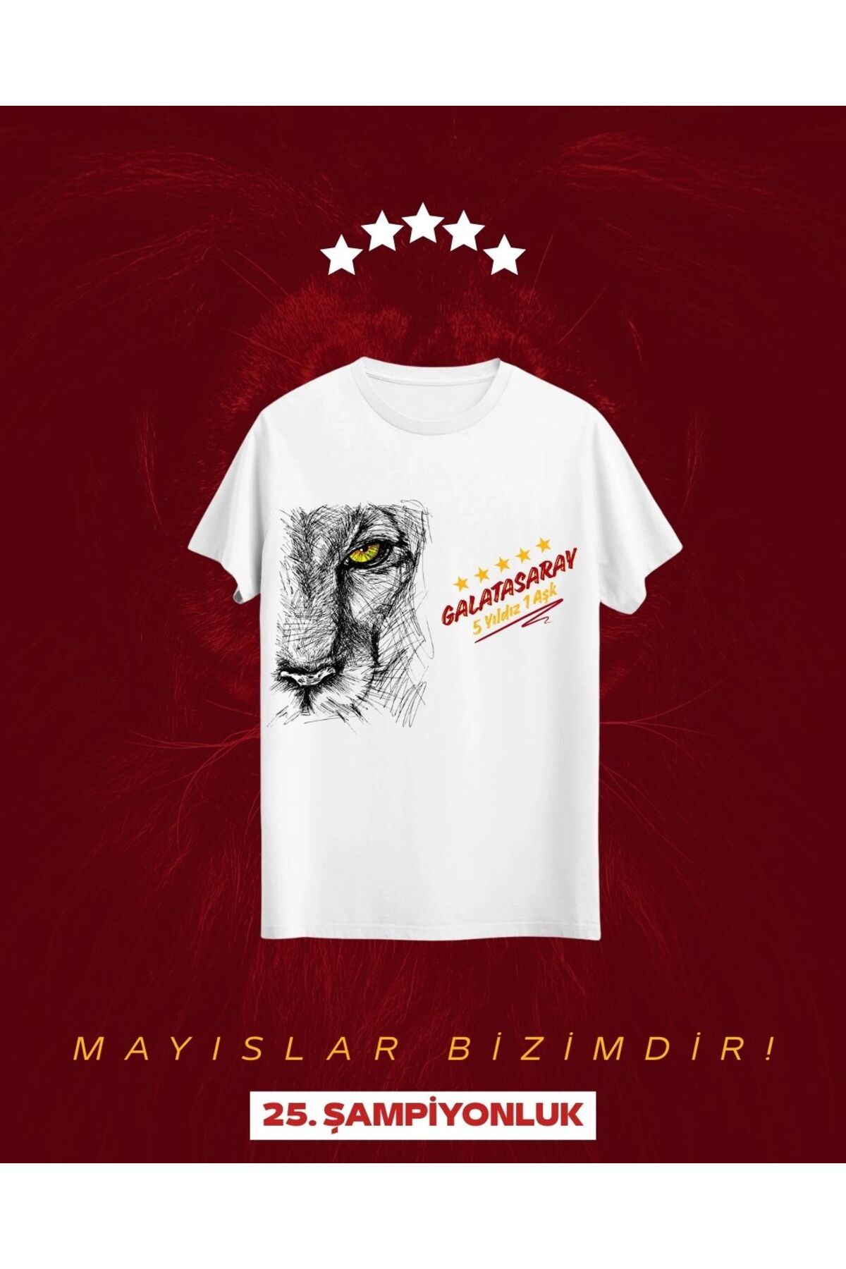Qool Collection Galatasaray 5 Yıldız Aslan Tişörtü – Beyaz (25. Şampiyonluk Özel)