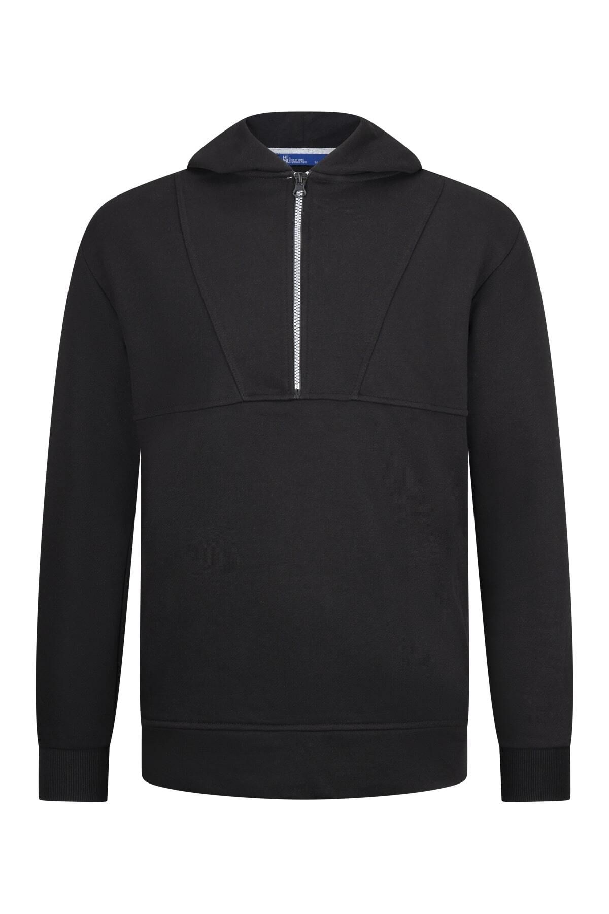 Hatemoğlu Siyah Regular Fit Fermuarlı Kapüşonlu Sweatshirt